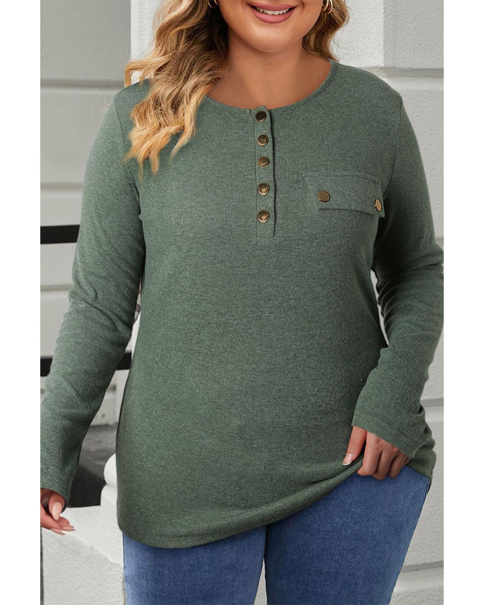V539-AZEXPL25222750-P509-1X-202508310610-00 Mist Green Plus Size Snap Button Henley Top - 1X - Image 1