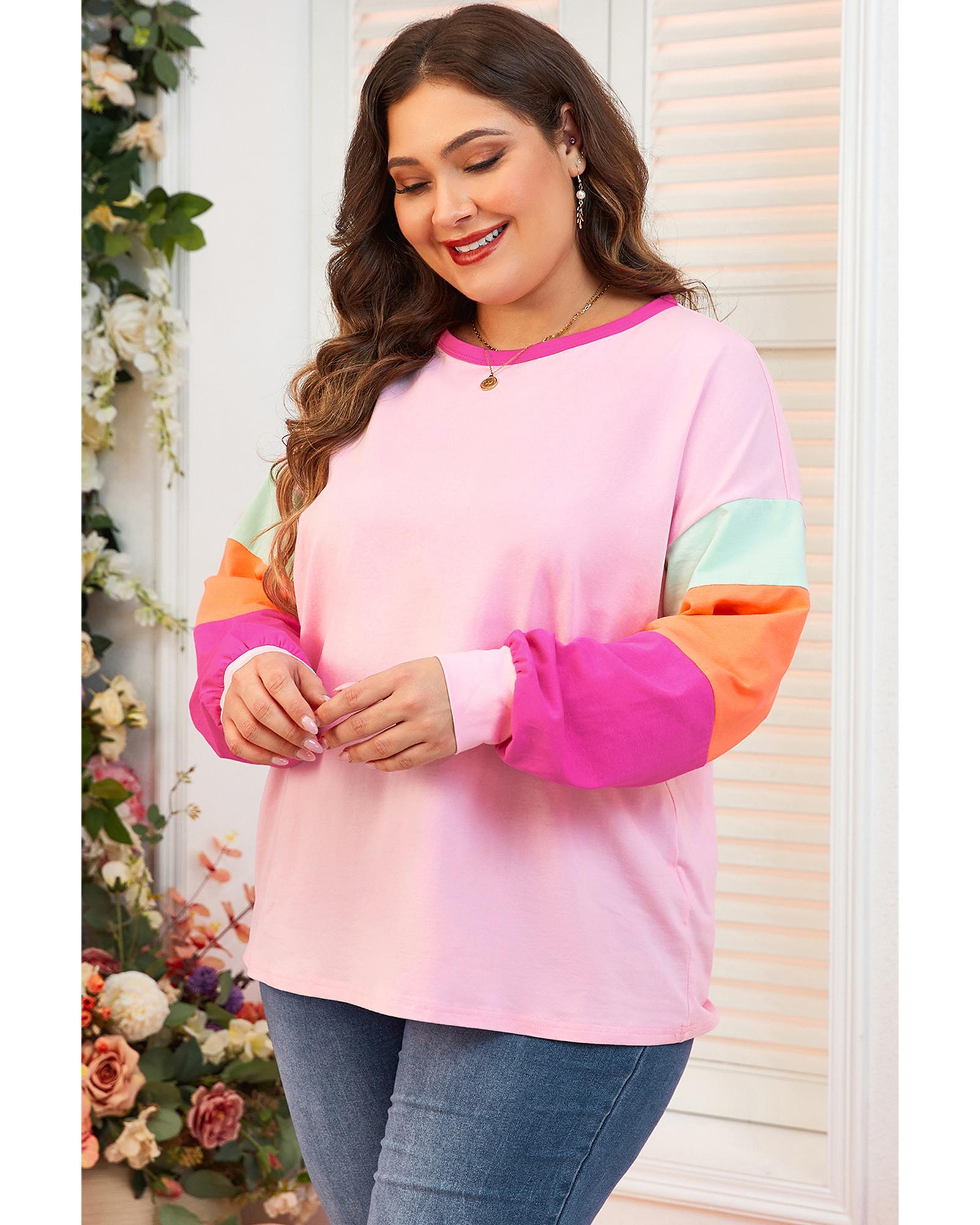V539-AZEXPL25226088-P1022-1X-202506182326-00 Pink Colorblock Patchwork Long Sleeve Plus Size Top - 1X - Image 1