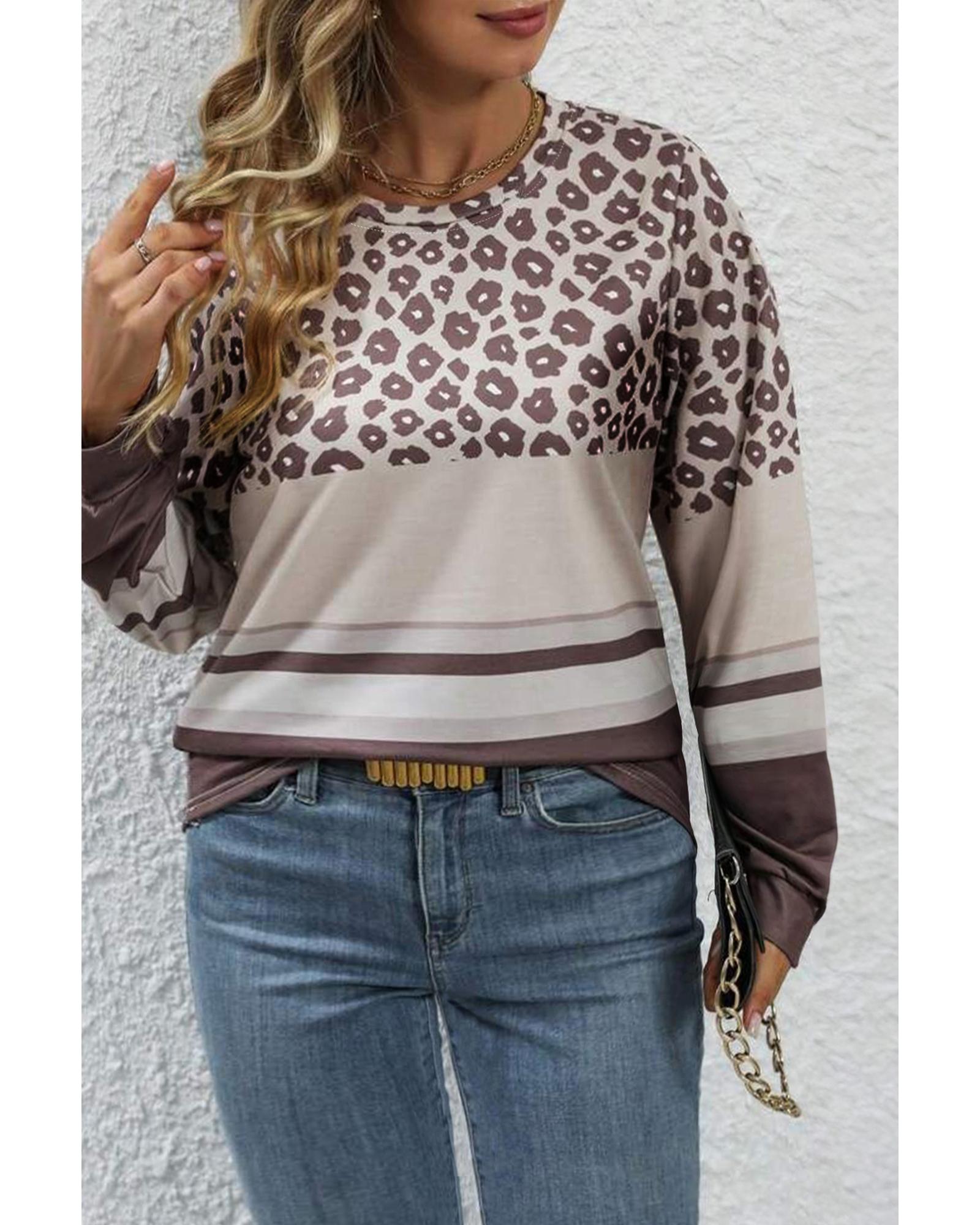 V539-AZEXPL25226183-P1017-2X-202508310345-00 Coffee Plus Size Leopard Striped Long Sleeve Crew Neck Top - 2X - Image 1