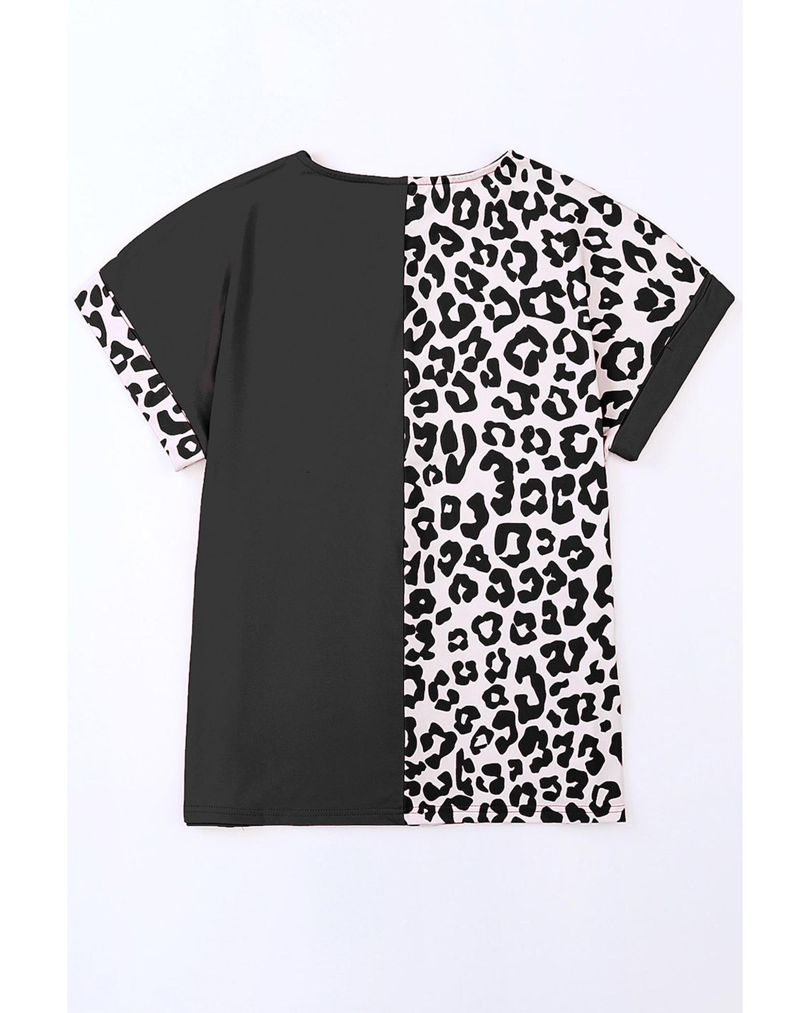 V539-AZEXPL252319-2-1X-202506182331-00 Black Half Leopard Patchwork Plus Size T-shirt - 1X - Image 1