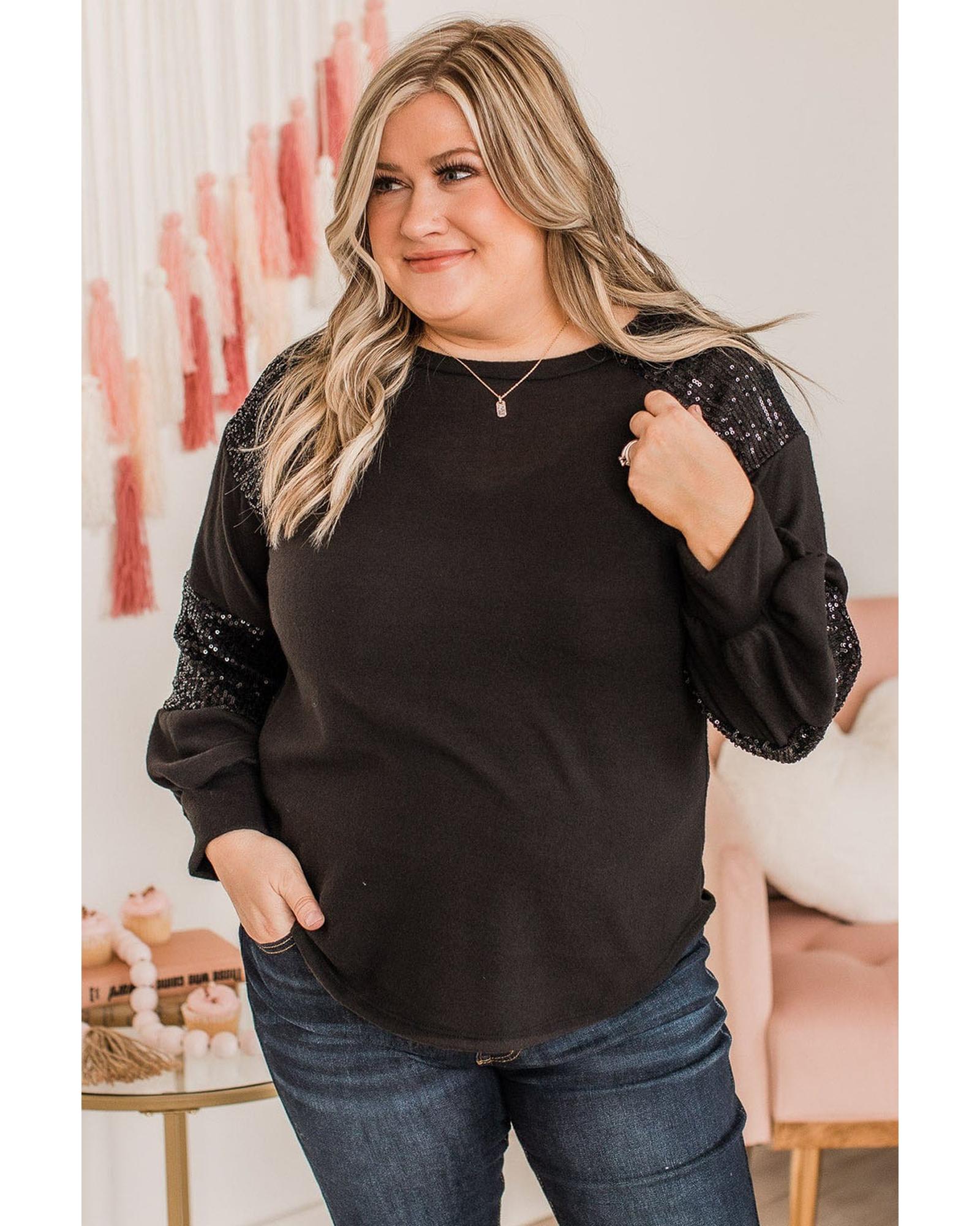 V539-AZEXPL252345-2-3X-202508310550-00 Black Plus Size Sequin Patchwork Crew Neck Long Sleeve Top - 3X - Image 1