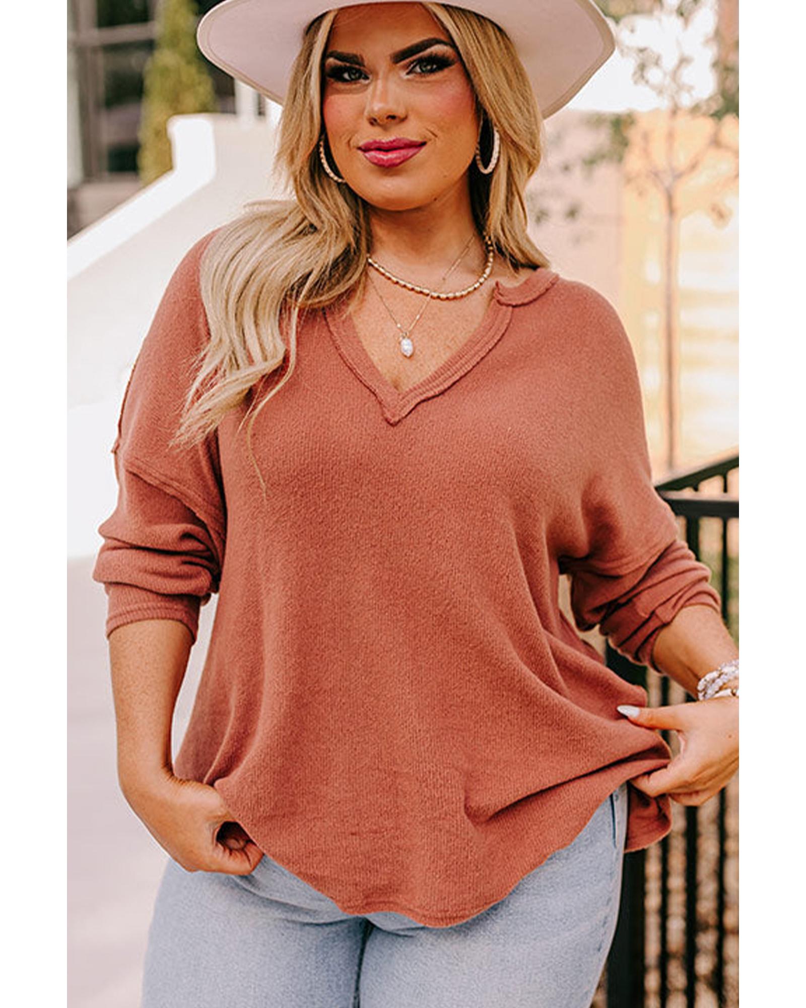V539-AZEXPL252413-P5014-1X-202506182332-00 Gold Flame Plus Size Exposed Seam V Neck Long Sleeve Top - 1X - Image 1