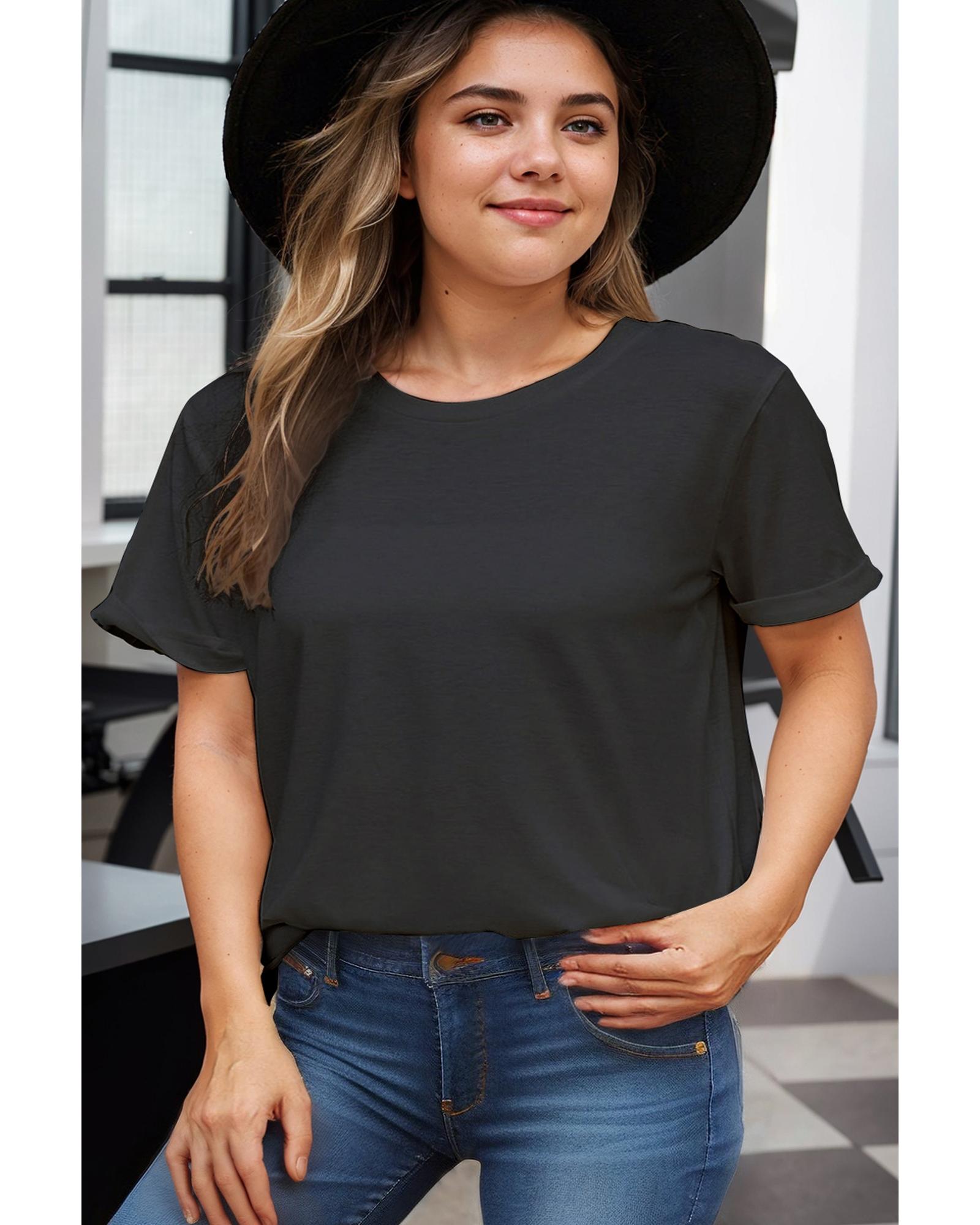 V539-AZEXPL2526272-P2-1X-202506182345-00 Black Round Neck Rolled Sleeve Plus Size T-shirt - 1X - Image 1