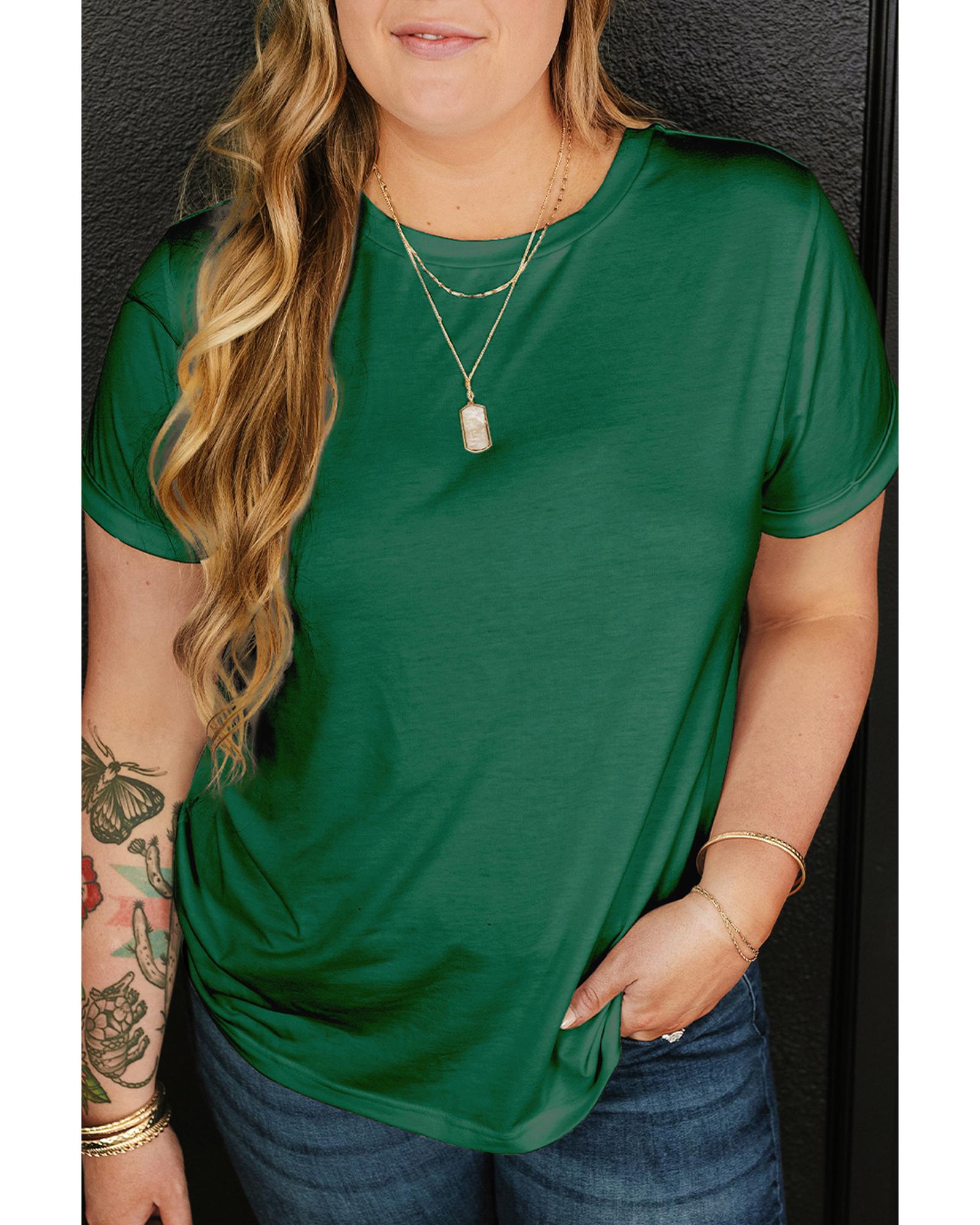 V539-AZEXPL2526272-P209-3X-202508311335-00 Dark Green Round Neck Rolled Sleeve Plus Size T-shirt - 3X - Image 1