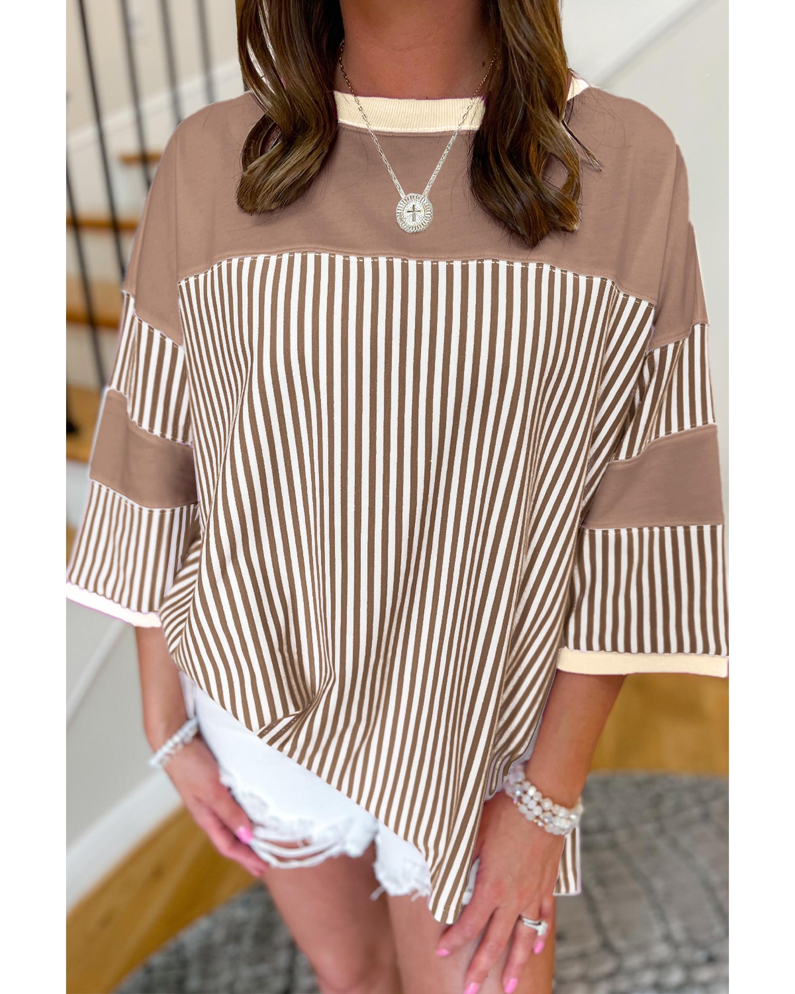 V539-AZEXPL252928-P1619-1X-202506192010-00 Khaki Stripe Patchwork Bracelet Sleeve Plus Size T Shirt - 1X - Image 1