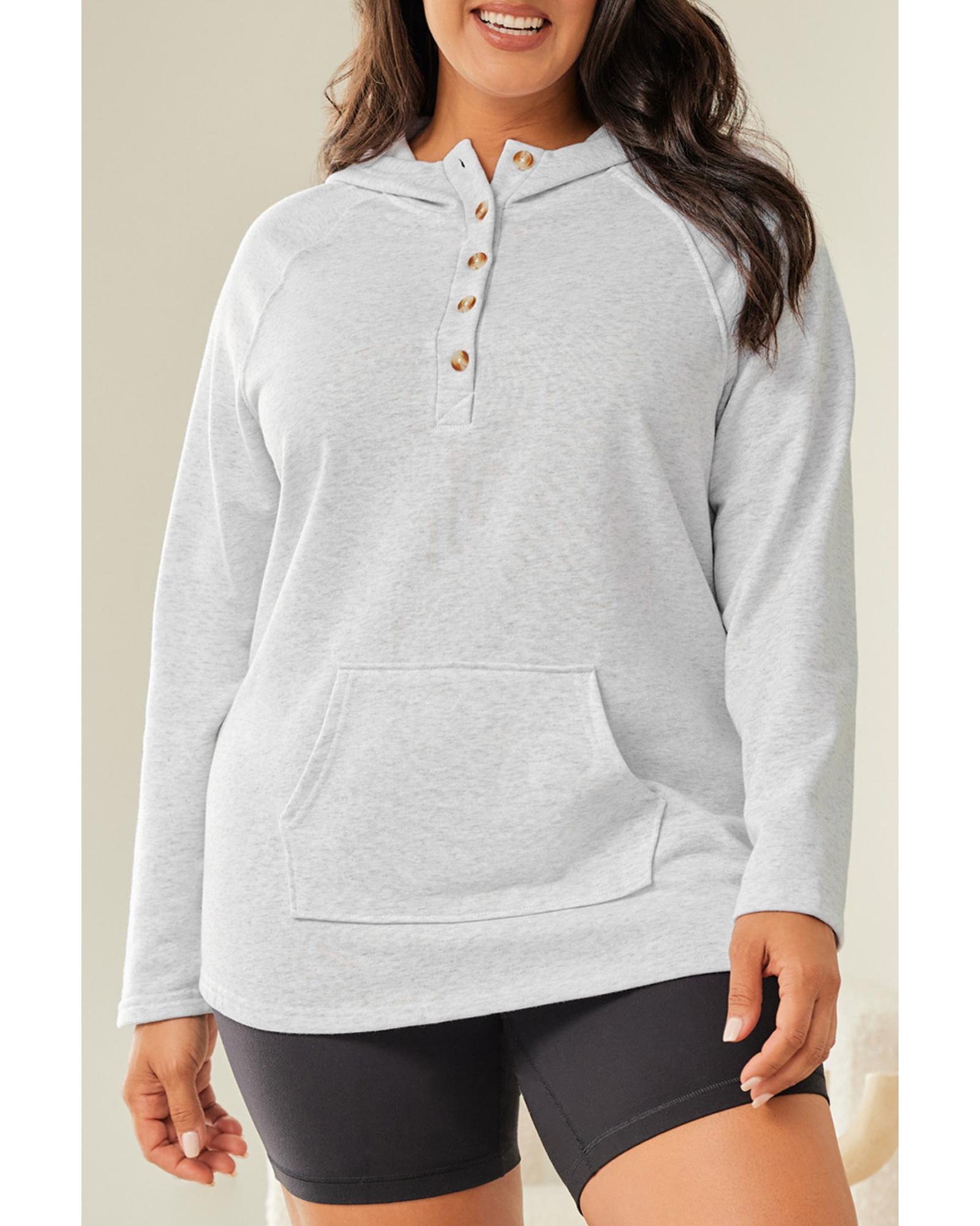 V539-AZEXPL253149-11-3X-202508311055-00 Gray Plus Size Kangaroo Pocket Henley Button Hoodie - 3X - Image 1