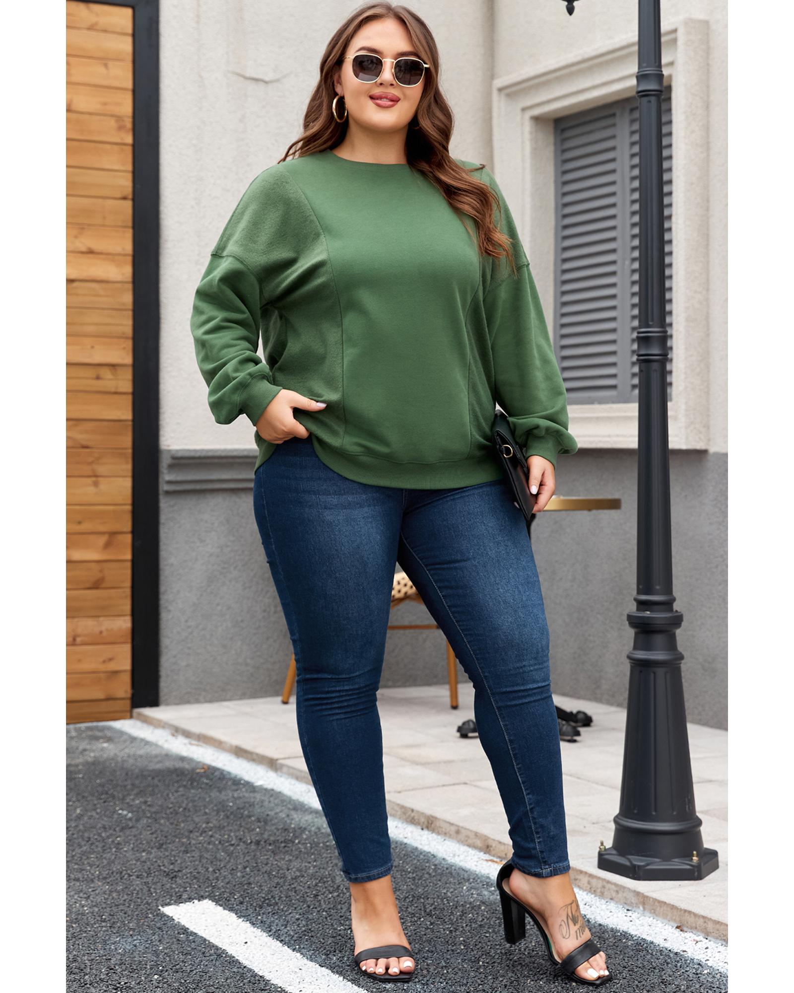 V539-AZEXPL25317324-P309-4X-202508310950-00 Blackish Green Loose Patchwork Crewneck Plus Size Sweatshirt - 4X - Image 1