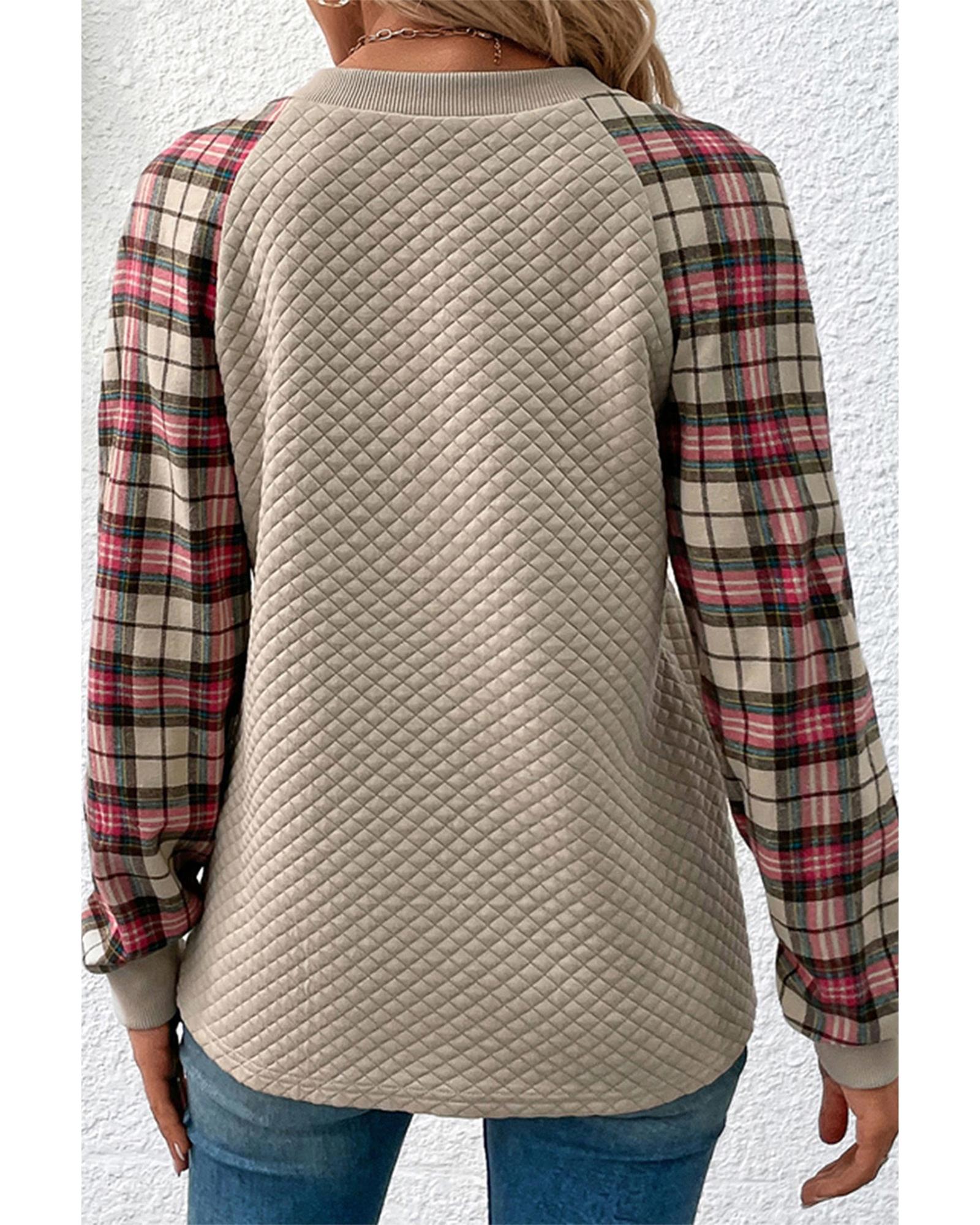 V539-AZEXPL253307-P18-2X-202508311520-00 Apricot Plus Size Plaid Raglan Sleeve Crew Neck Sweatshirt - 2X - Image 1