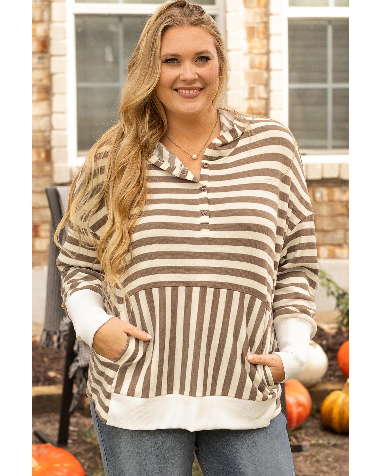 V539-AZEXPL253361-P1719-1X-202506182227-00 Brown Stripe Quarter Buttons Drop Sleeve Plus Size Hoodie - 1X - Image 1