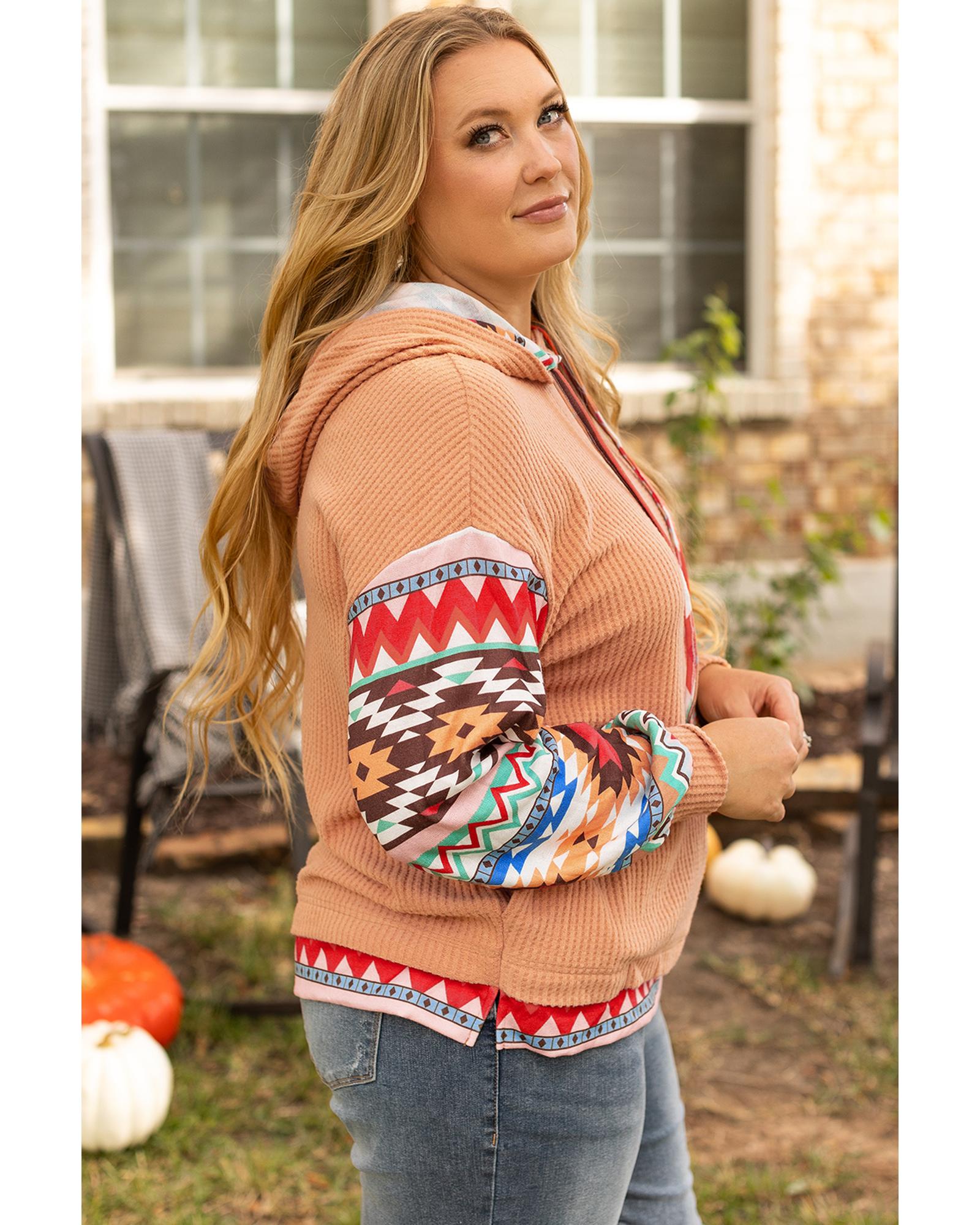 V539-AZEXPL253370-P1620-4X-202508311320-00 Khaki Aztec Patchwork Waffle Knit Plus Size Hoodie - 4X - Image 1