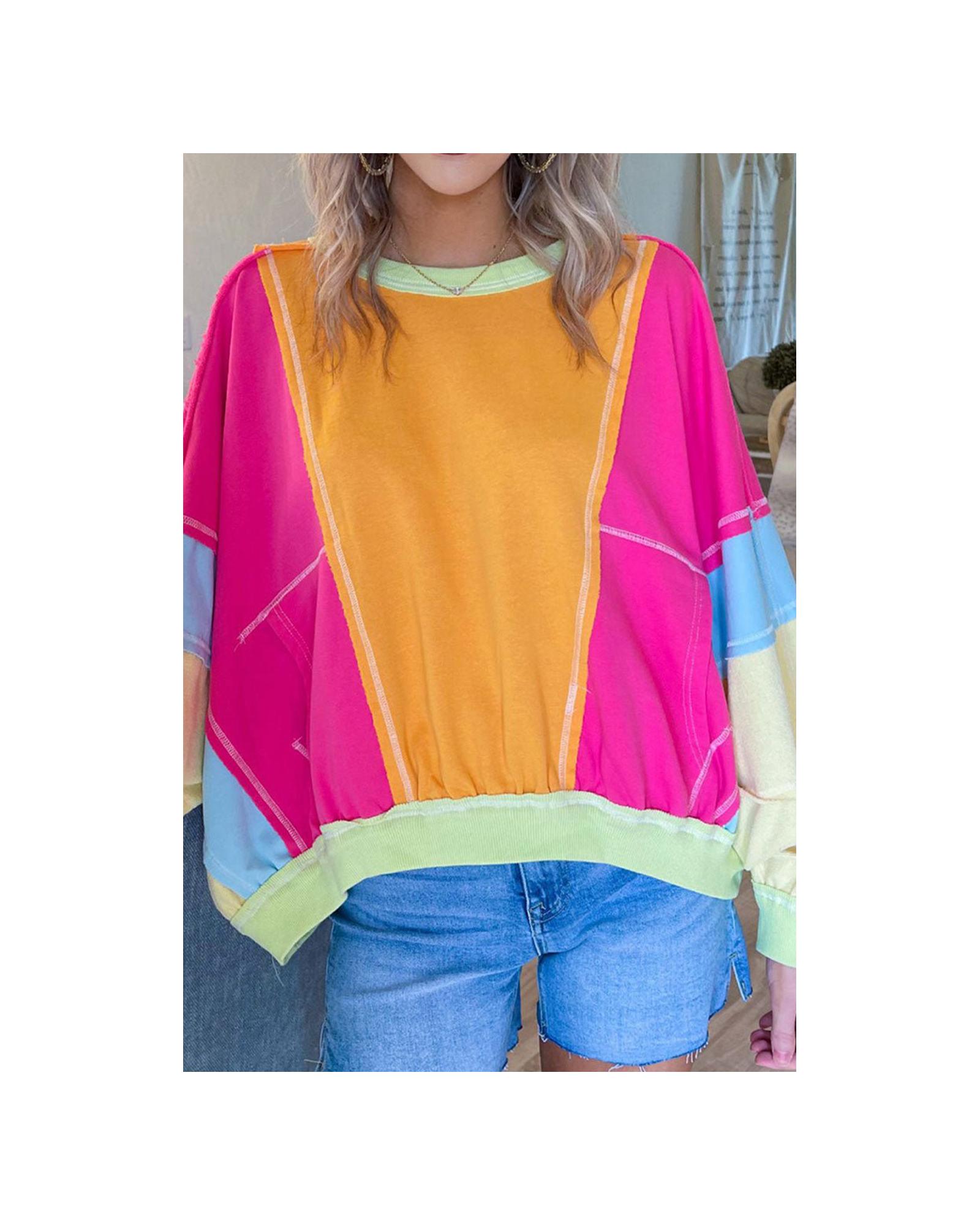 V539-AZEXPL253609-P622-4X-202508301155-00 Rose Red Plus Size Colorblock Patchwork Exposed Seam Sweatshirt - 4X - Image 1