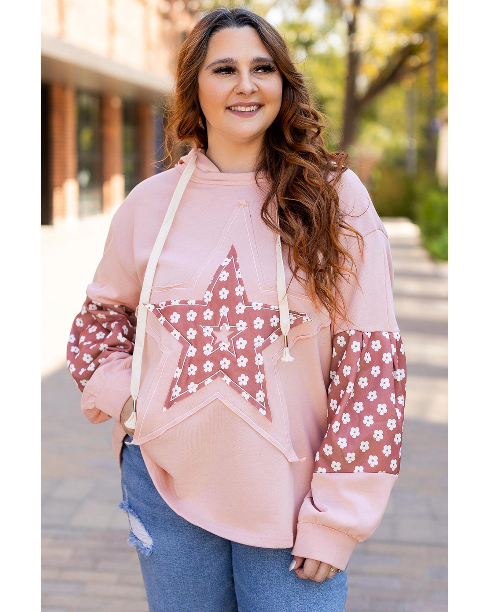 V539-AZEXPL253678-P1210-4X-202508301415-00 Delicacy Star Patch Graphic Floral Color Block Drawstring Plus Size Hoodie - 4X - Image 1