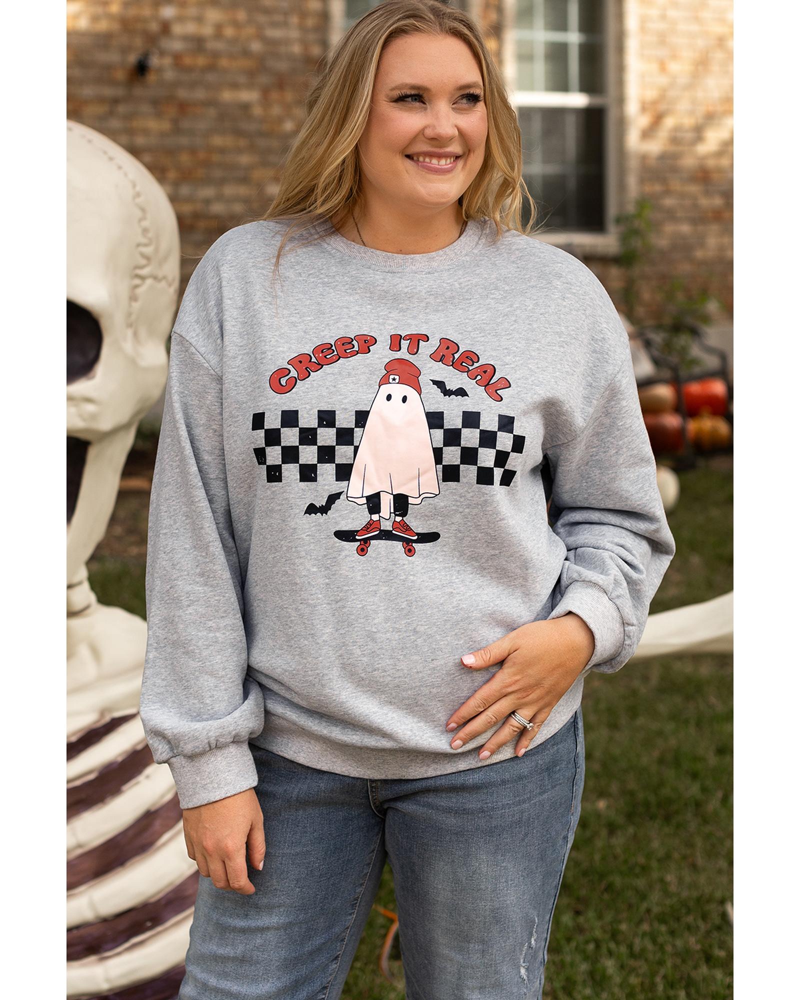 V539-AZEXPL253700-P1011-1X-202506151832-00 Light Grey Creep It Real Ghost Print Plus Size Sweatshirt - 1X - Image 1
