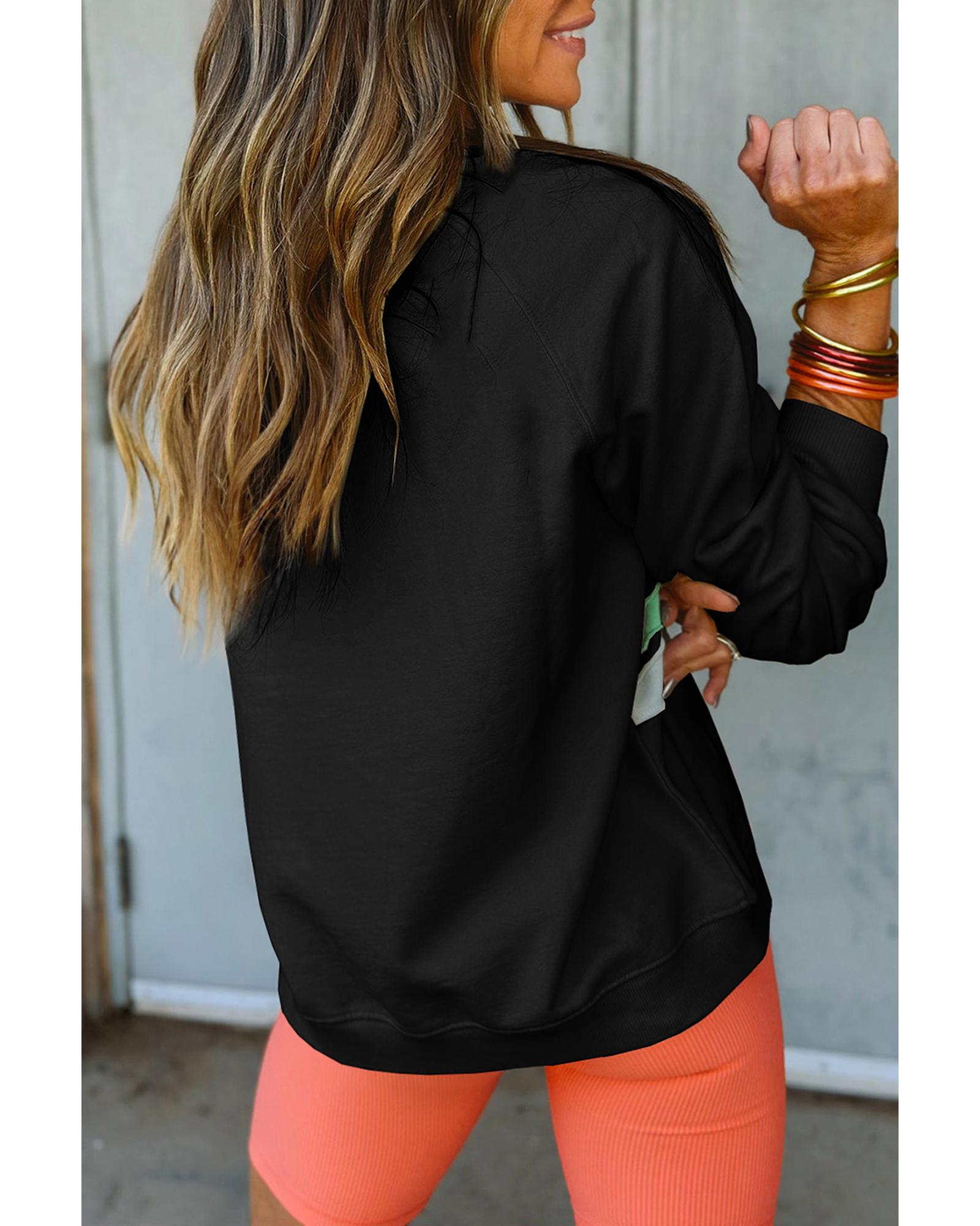 V539-AZEXPL253795-P2-2X-202508301825-00 Black Rainbow Raglan Sleeve Crew Neck Plus Size Sweatshirt - 2X - Image 1