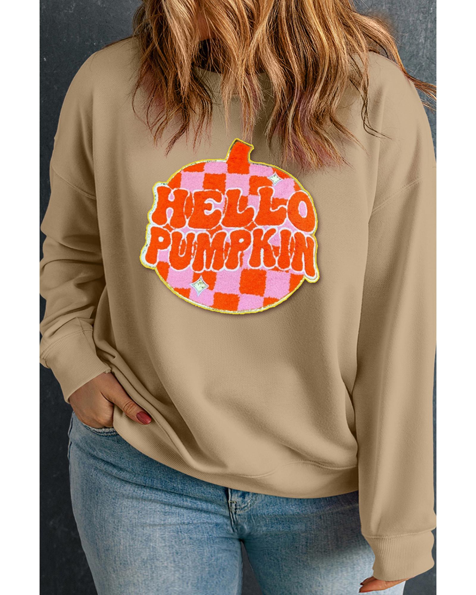 V539-AZEXPL253824-P18-1X-202506151842-00 Apricot Plus Hello Pumpkin Pattern Drop Shoulder Halloween Sweatshirt - 1X - Image 1