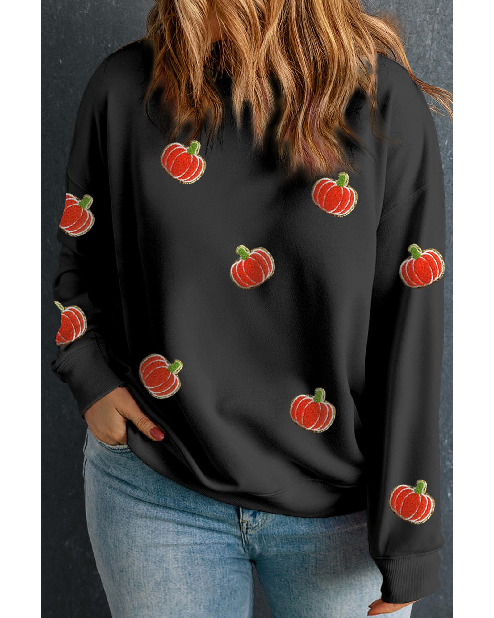V539-AZEXPL253846-P2-3X-202508310125-00 Black Chenille Pumpkin Patched Drop Shoulder Plus Size Sweatshirt - 3X - Image 1