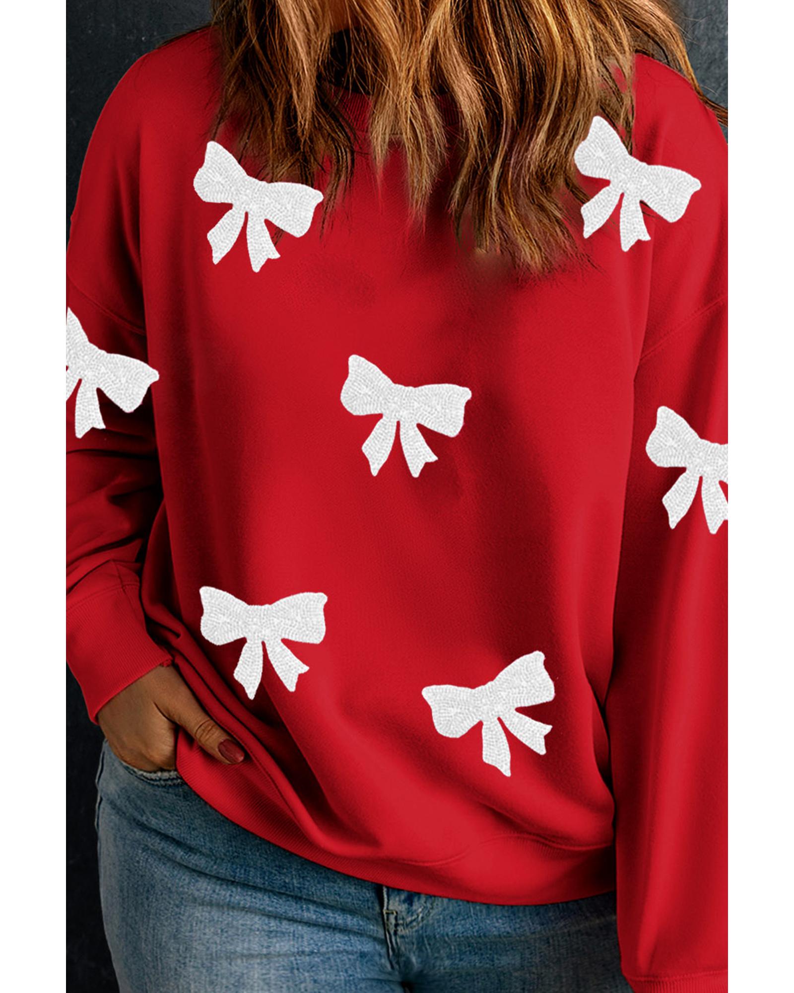 V539-AZEXPL253895-P603-1X-202506151931-00 Racing Red Bow Pattern Drop Shoulder Plus Size Sweatshirt - 1X - Image 1
