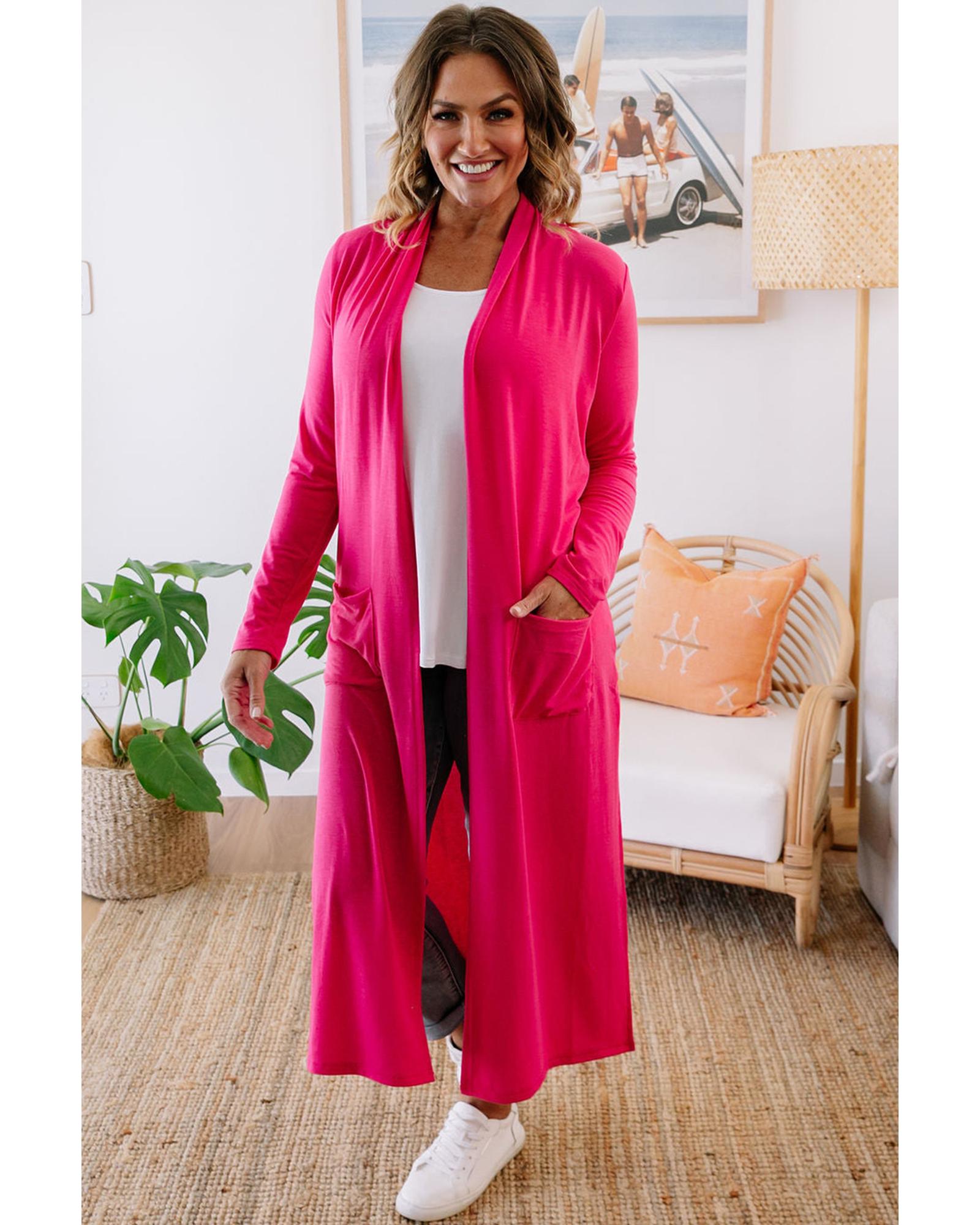 V539-AZEXPL254180-P306-1X-202506151941-00 Strawberry Pink Plus Size Side Split Pockets Duster Cardigan - 1X - Image 1