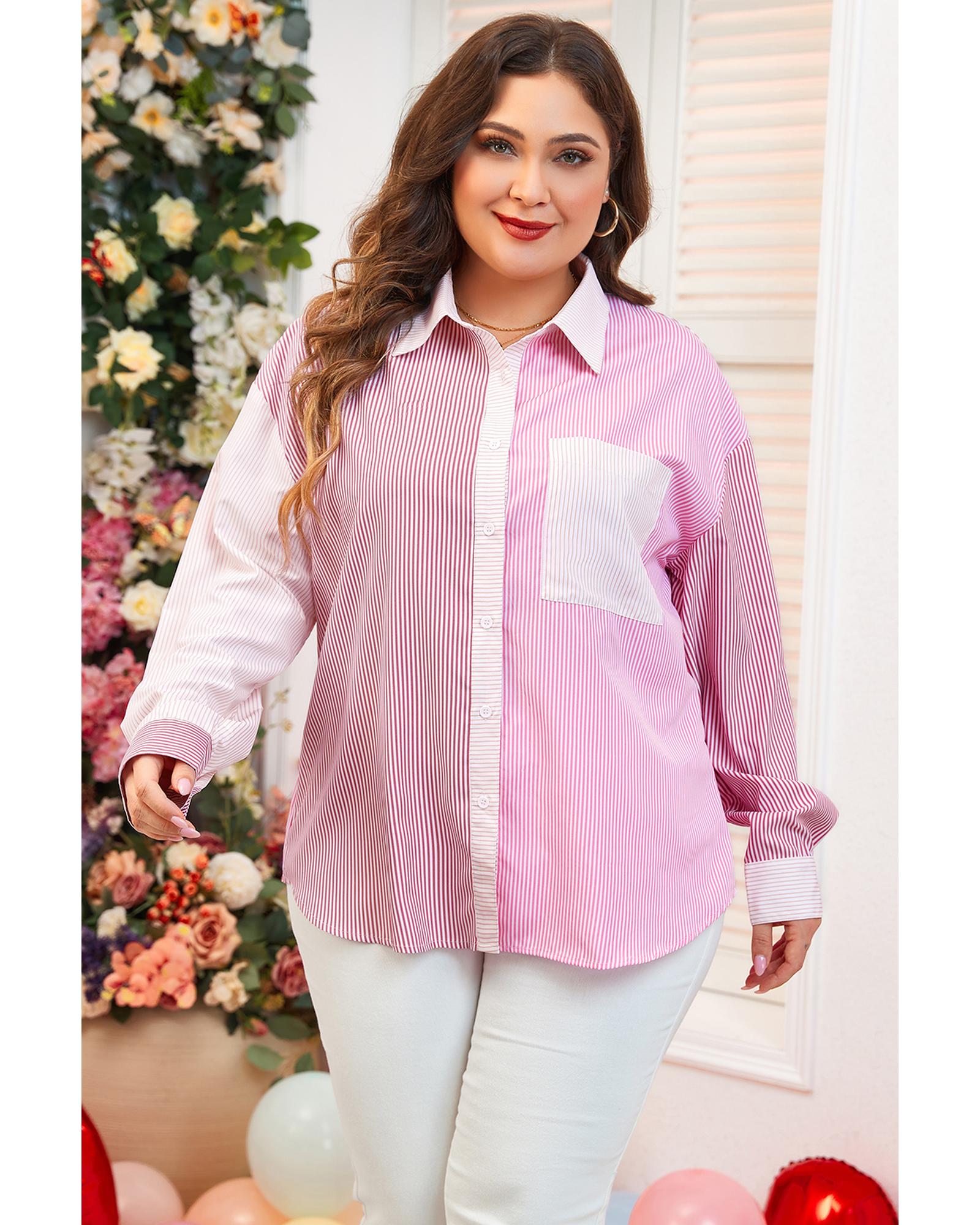 V539-AZEXPL255320-P1019-1X-202506152007-00 Pink Stripe Print Colorblock Plus Size Shirt - 1X - Image 1