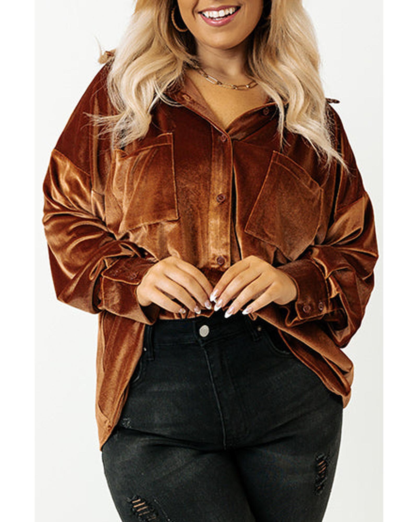 V539-AZEXPL255321-P2017-4X-202508302111-00 Chestnut Plus Size Velvet Chest Pocket Drop Shoulder Shirt - 4X - Image 1