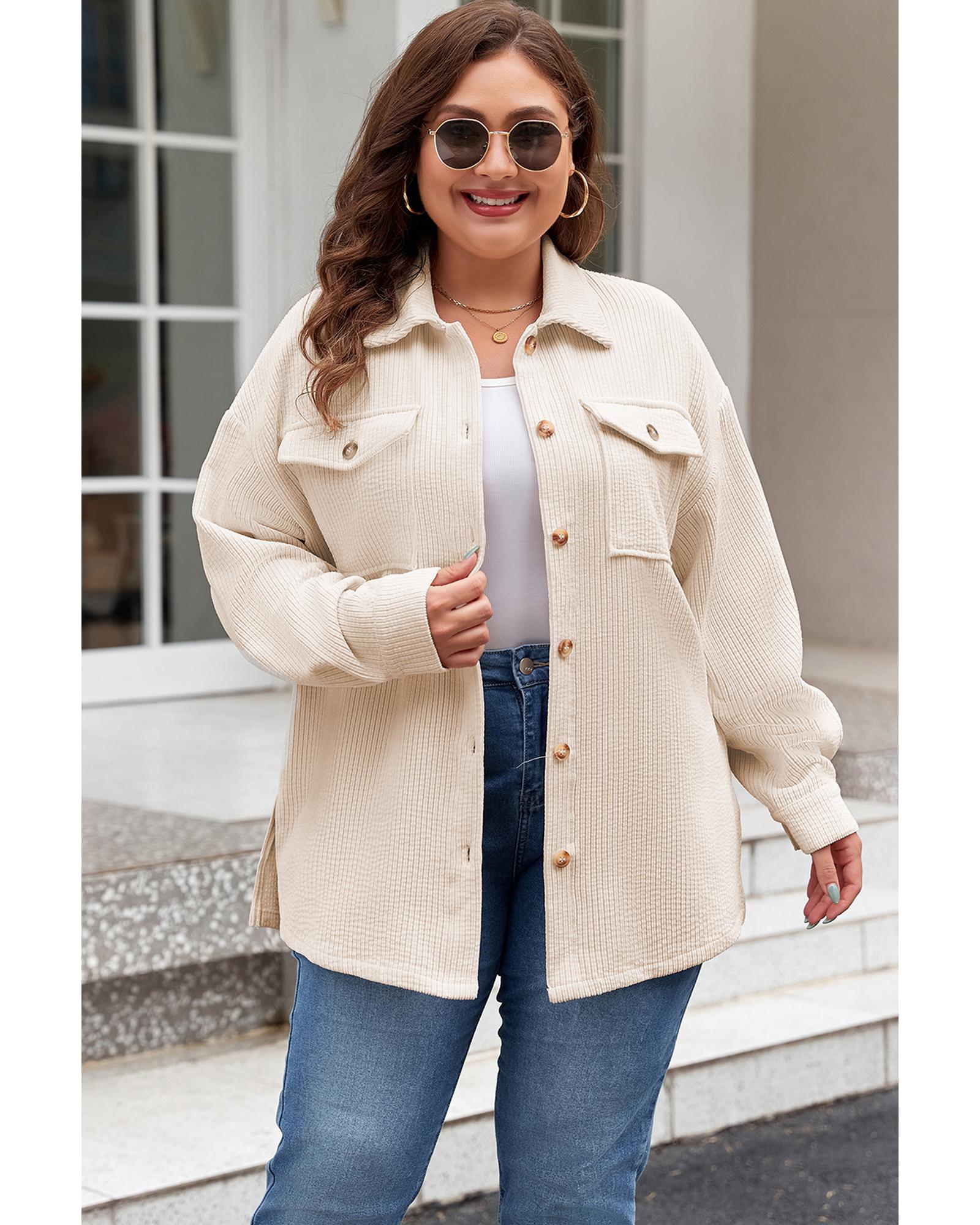 V539-AZEXPL255365-P1015-2X-202508302120-00 Oatmeal Textured Flap Pockets Buttoned Plus Size Shacket - 2X - Image 1