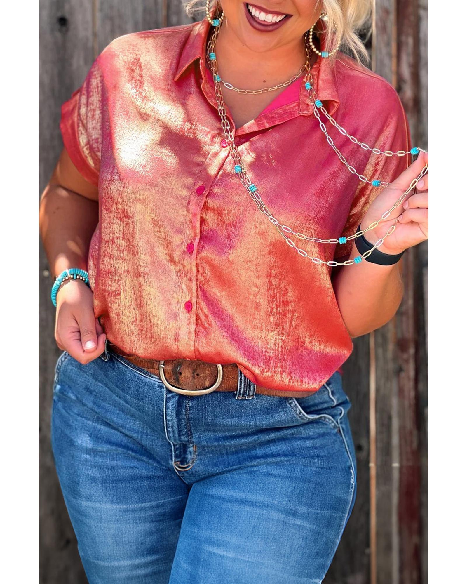 V539-AZEXPL255427-P6-3X-202508302155-00 Rose Red Plus Size Metallic Sheen Short Sleeve Button Up Shirt - 3X - Image 1