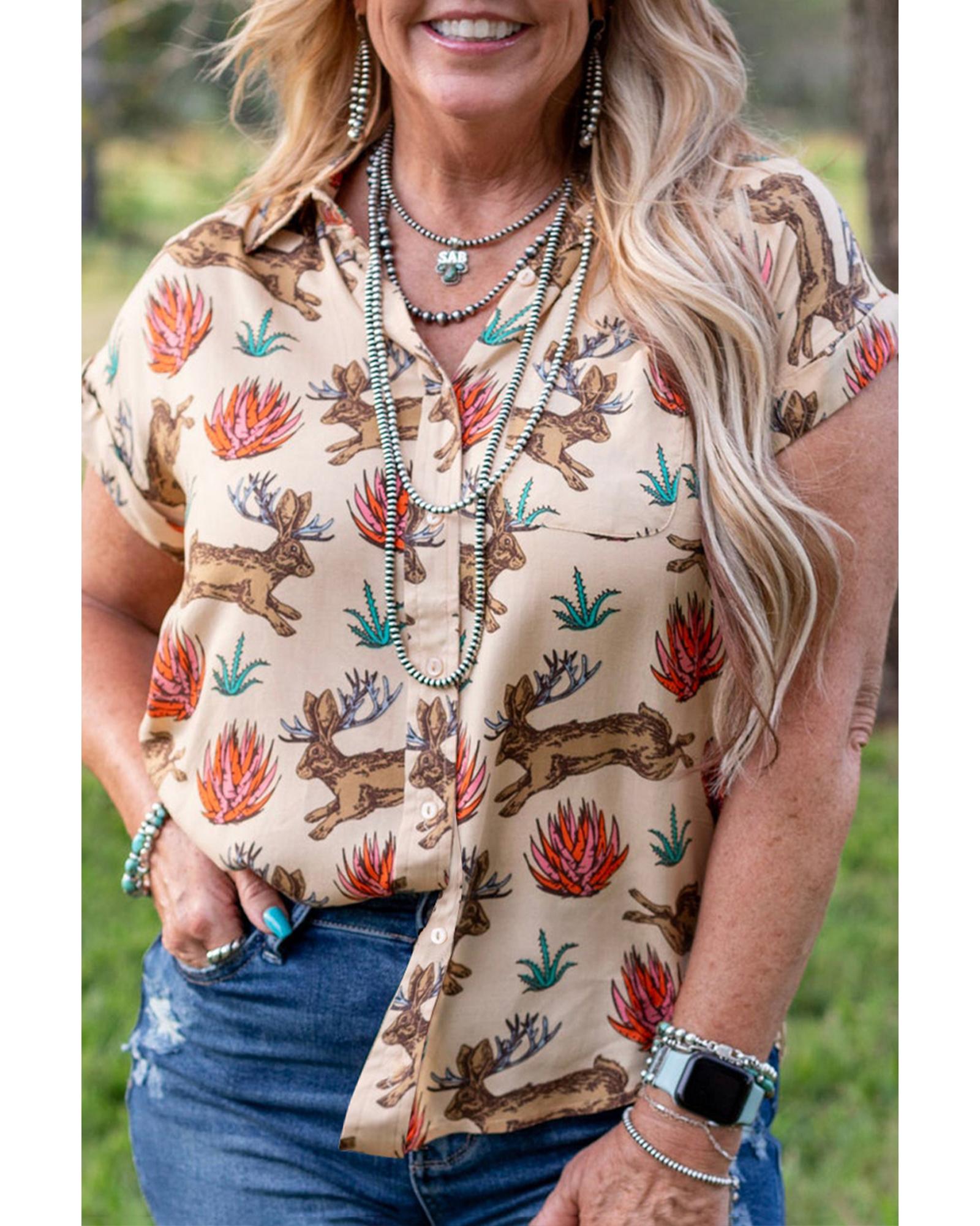 V539-AZEXPL255433-P1620-1X-202506152026-00 Khaki Plus Size Western Pattern Print Buttoned Short Sleeve Shirt - 1X - Image 1