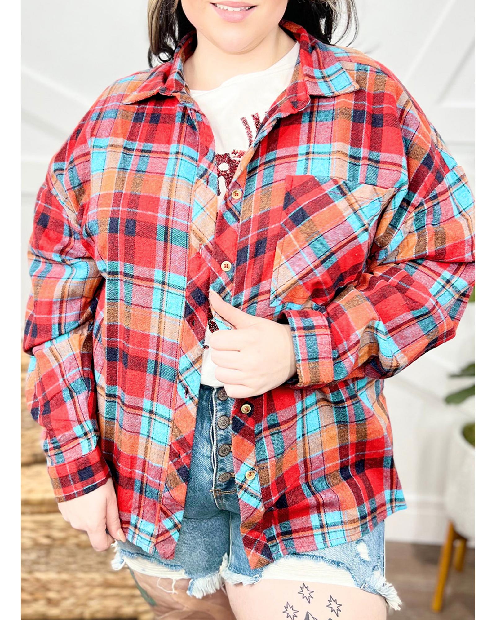 V539-AZEXPL2555262-P322-3X-202508302330-00 Red Plus Size Plaid Print Buttoned Shirt - 3X - Image 1