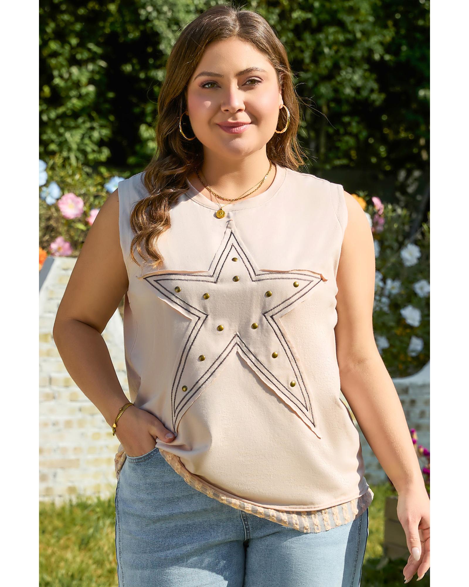 V539-AZEXPL256446-P6016-1X-202506151716-00 Parchment Studded Star Lace Patchwork Hem Plus Size Tank Top - 1X - Image 1
