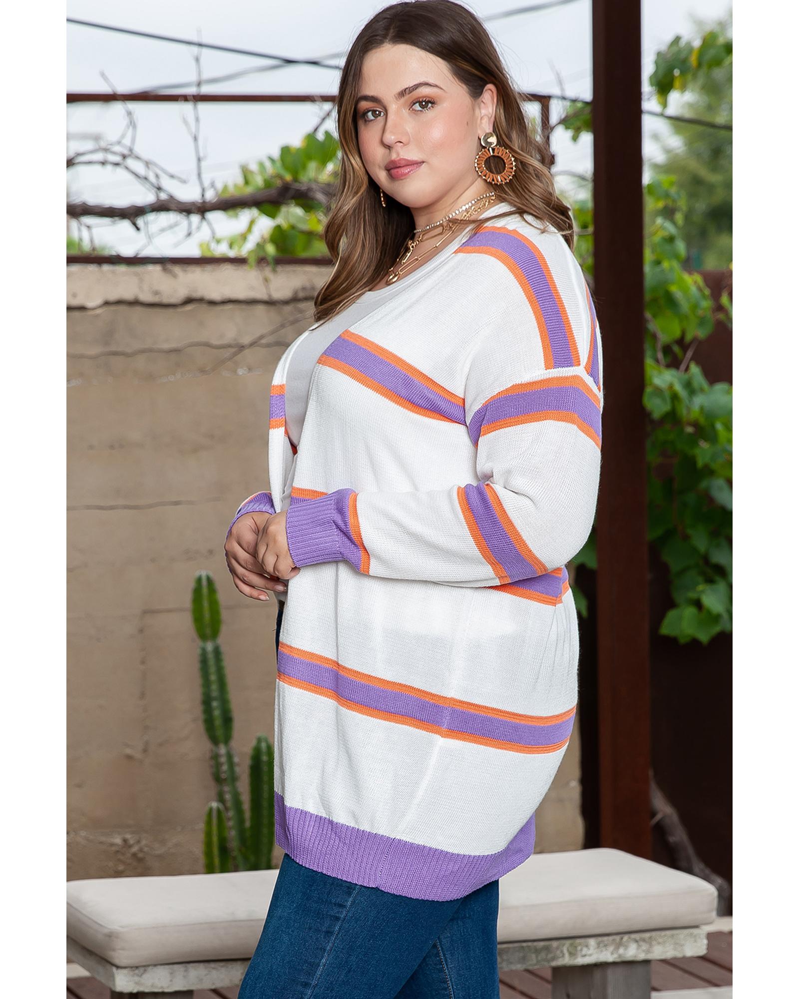 V539-AZEXPL271055-P15-3X-202508310050-00 Beige Plus Size Striped Dropped Shoulder Sweater Cardigan - 3X - Image 1