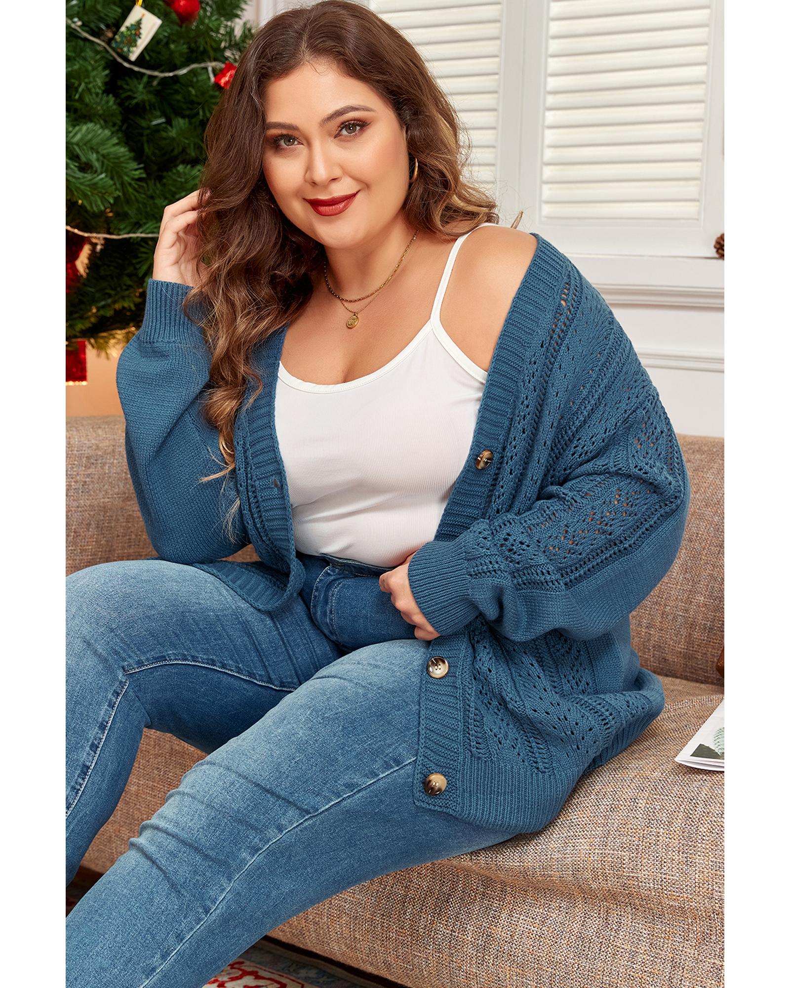 V539-AZEXPL2711785-P705-4X-202508310140-00 Real Teal Open Knit V Neck Button Front Drop Shoulder Plus Size Cardigan - 4X - Image 1