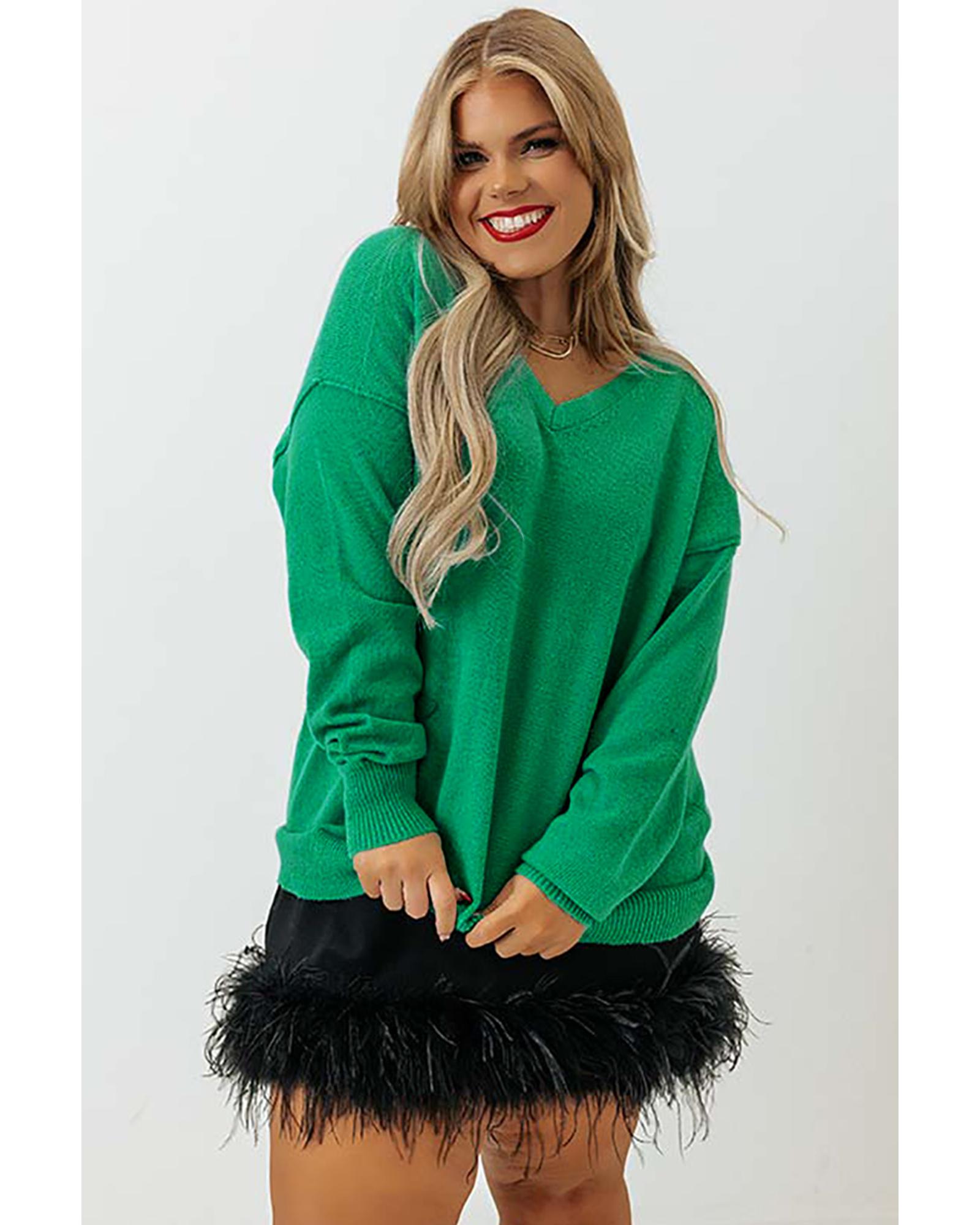 V539-AZEXPL272112-9-2X-202508300930-00 Green Plus Size Drop Shoulder V Neck Sweater - 2X - Image 1