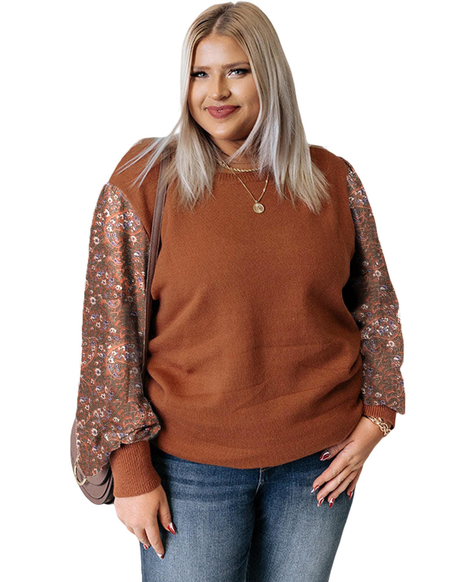 V539-AZEXPL272116-17-2X-202508301030-00 Brown Plus Size Printed Splicing Sleeve Ribbed Trim Sweater - 2X - Image 1