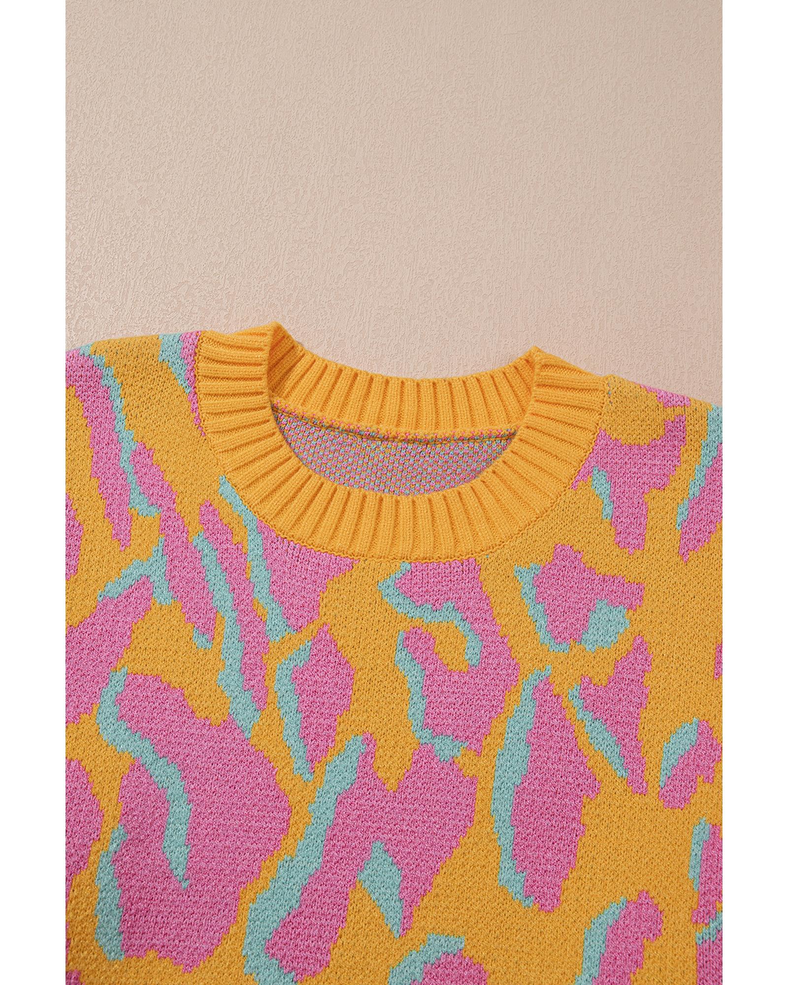 V539-AZEXPL272187-P106-1X-202506151825-00 Bright Pink Plus Size Leopard Ribbed Trim Sweater - 1X - Image 1