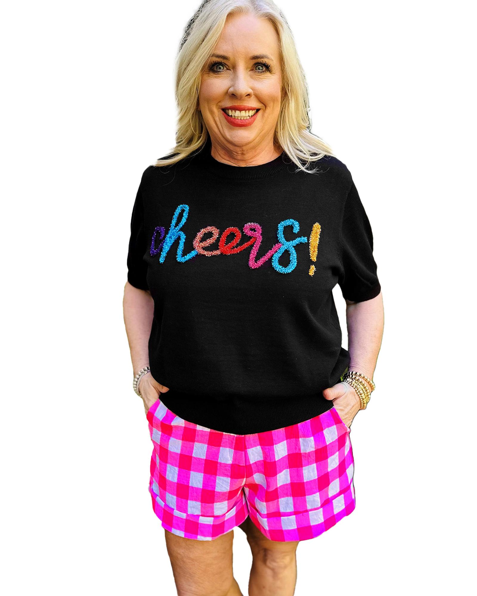 V539-AZEXPL272226-P2-2X-202508301445-00 Black Plus Size Cheers Glitter Tinsel Short Sleeve Sweater - 2X - Image 1