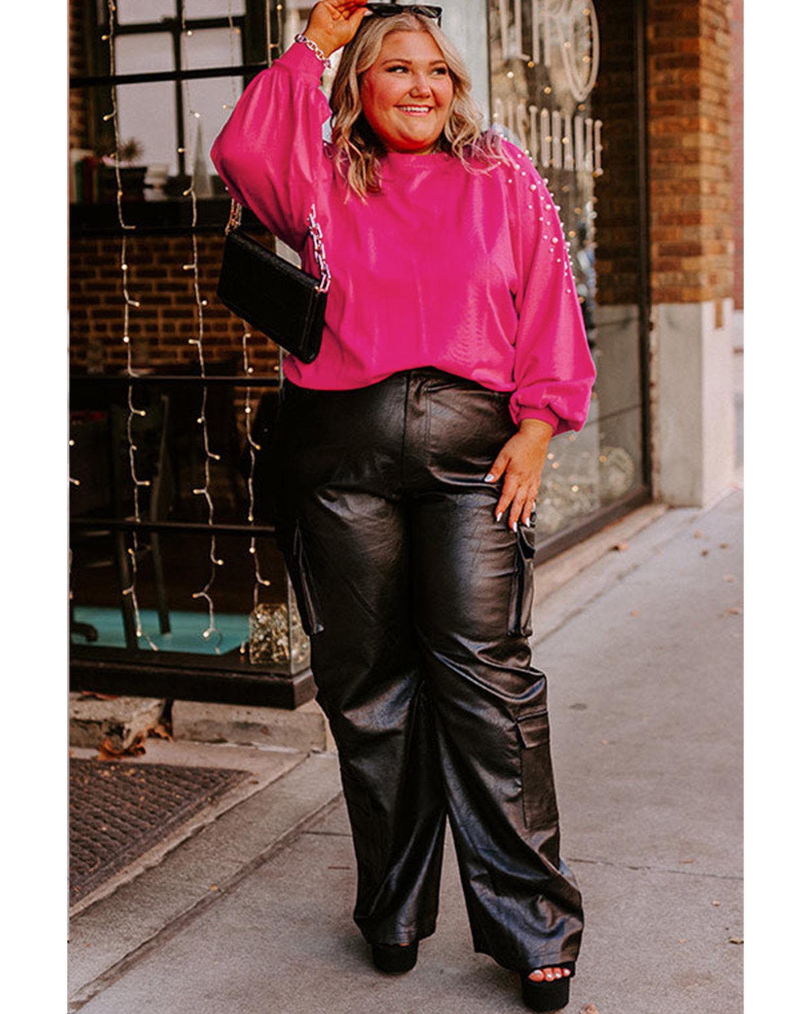 V539-AZEXPL272277-P306-1X-202506151830-00 Strawberry Pink Pearled Decor Raglan Sleeve Plus Size Sweater - 1X - Image 1