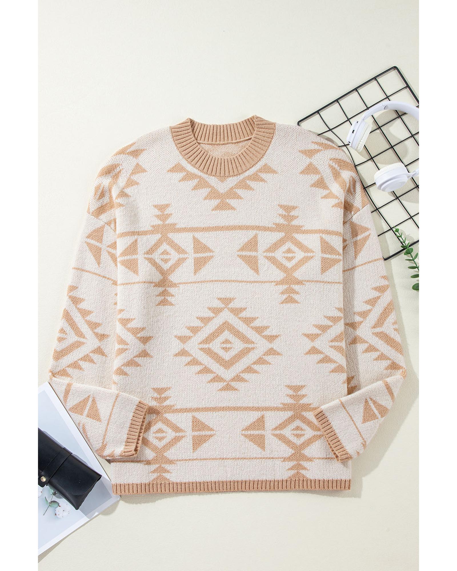 V539-AZEXPL272314-P1820-2X-202508301545-00 Apricot Plus Size Western Aztec Print Loose Sweater - 2X - Image 1