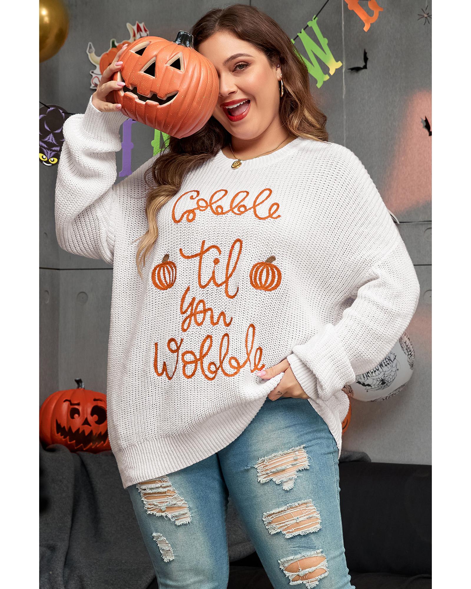 V539-AZEXPL272361-P101-3X-202508302055-00 White Gobble Til You Wobble Pop Up Crochet Plus Size Sweater - 3X - Image 1