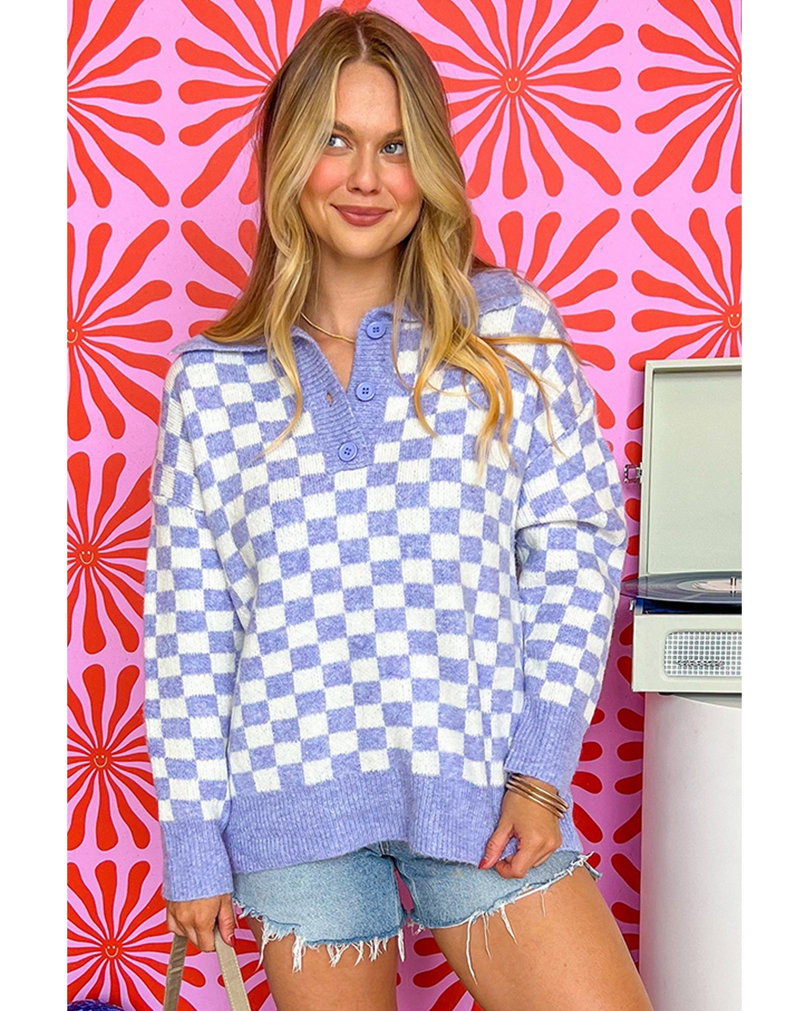 V539-AZEXPL272422-P822-1X-202506151847-00 Purple Checkered Collared Buttons Plus Size Sweater - 1X - Image 1