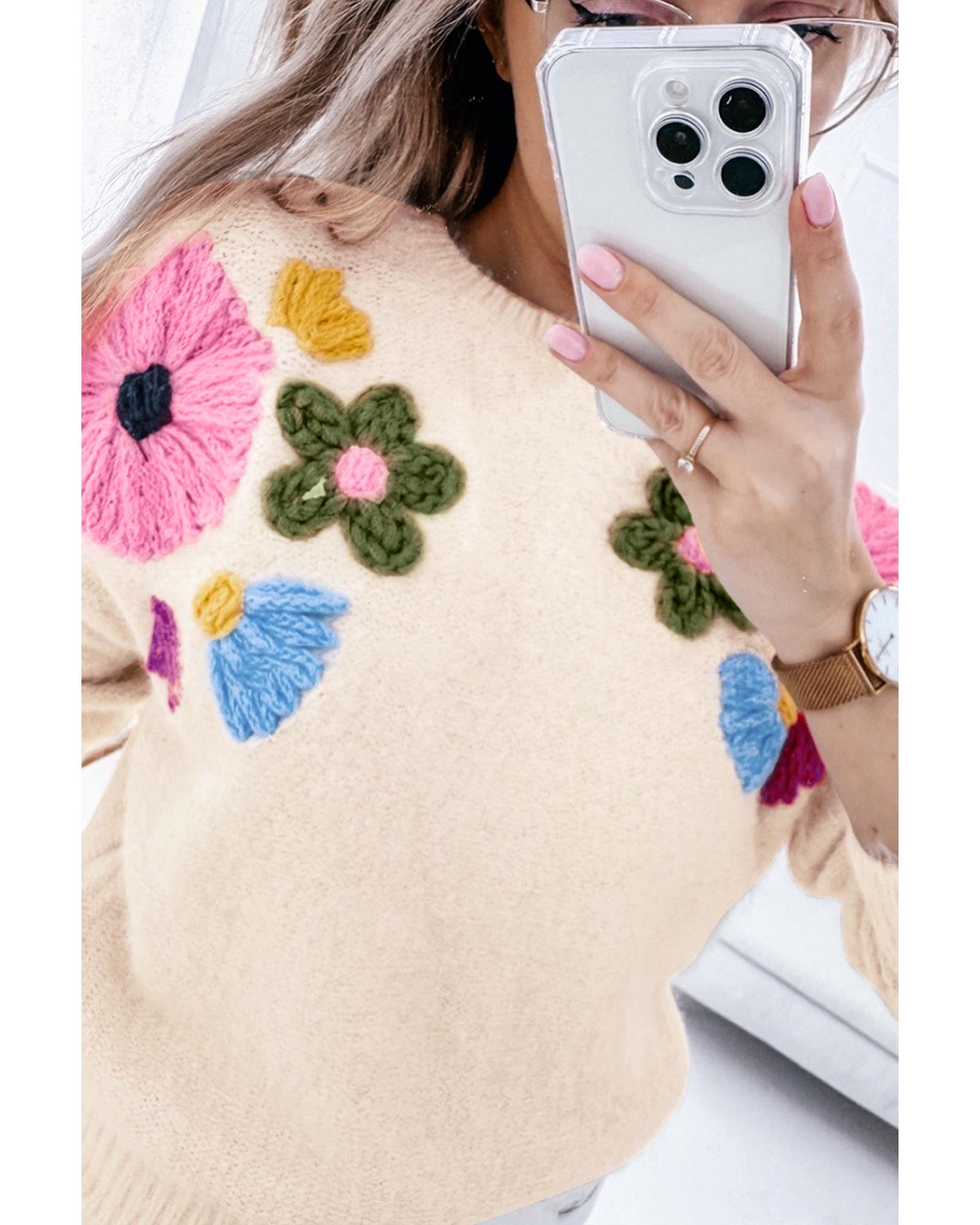 V539-AZEXPL2724823-P15-4X-202508302230-00 Beige Plus Size Crochet Flower Pullover Sweater - 4X - Image 1