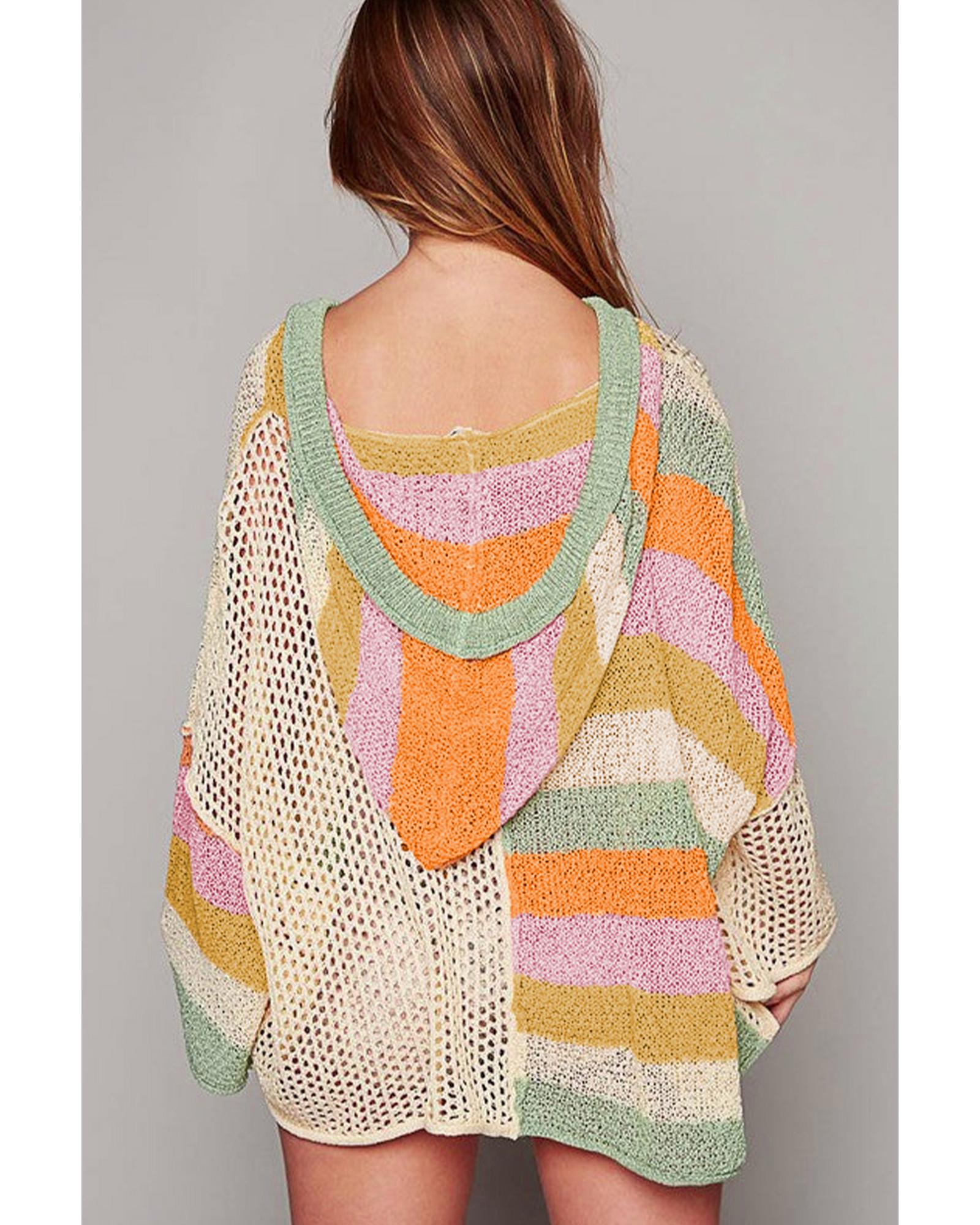 V539-AZEXPL2724858-P1522-2X-202508302310-00 Beige Pointelle Knit Colorblock Patchwork V Neck Hooded Plus Sweater - 2X - Image 1