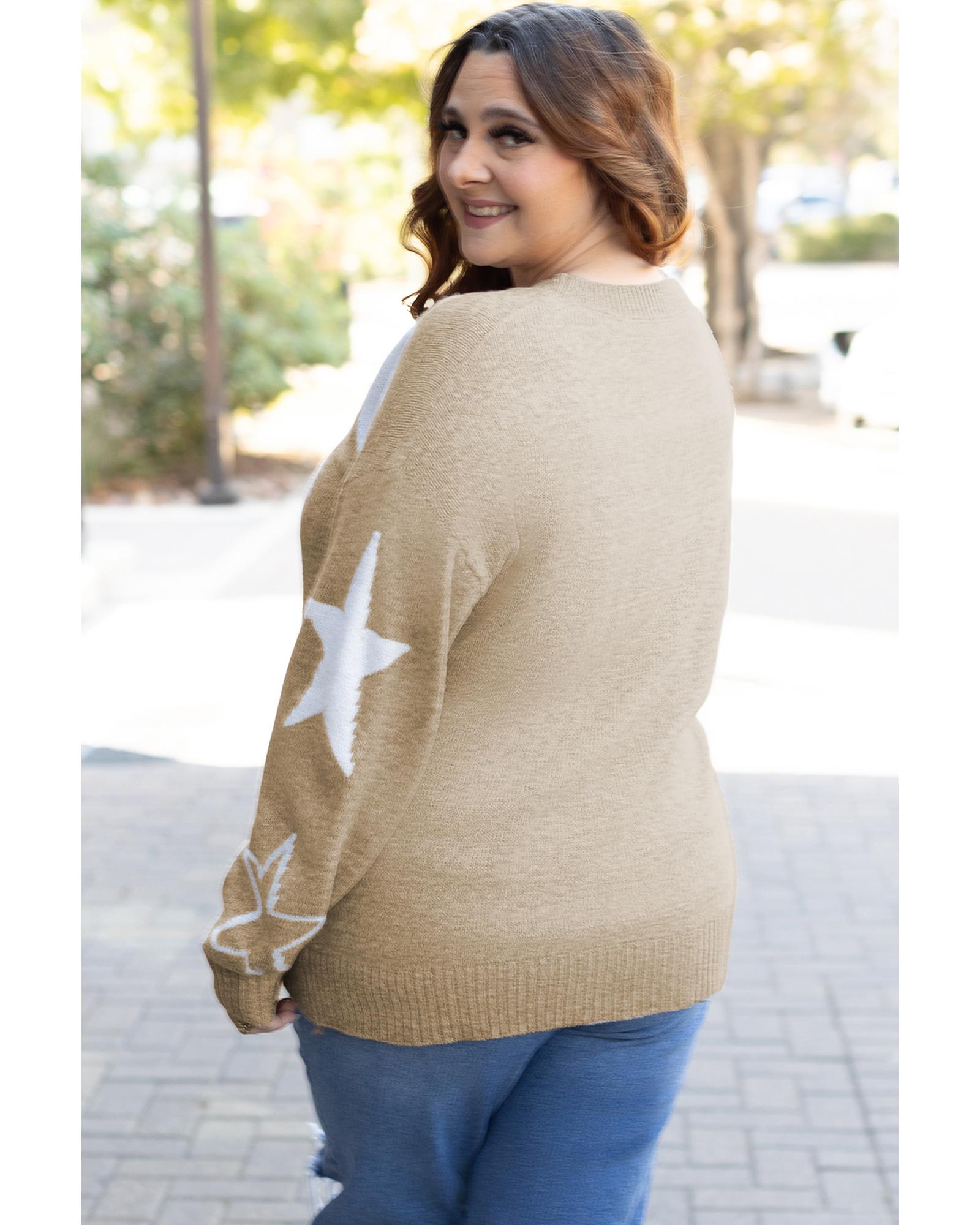 V539-AZEXPL2725042-P1622-2X-202508310005-00 Khaki Star Pattern Drop Shoulder Plus Size Sweater - 2X - Image 1