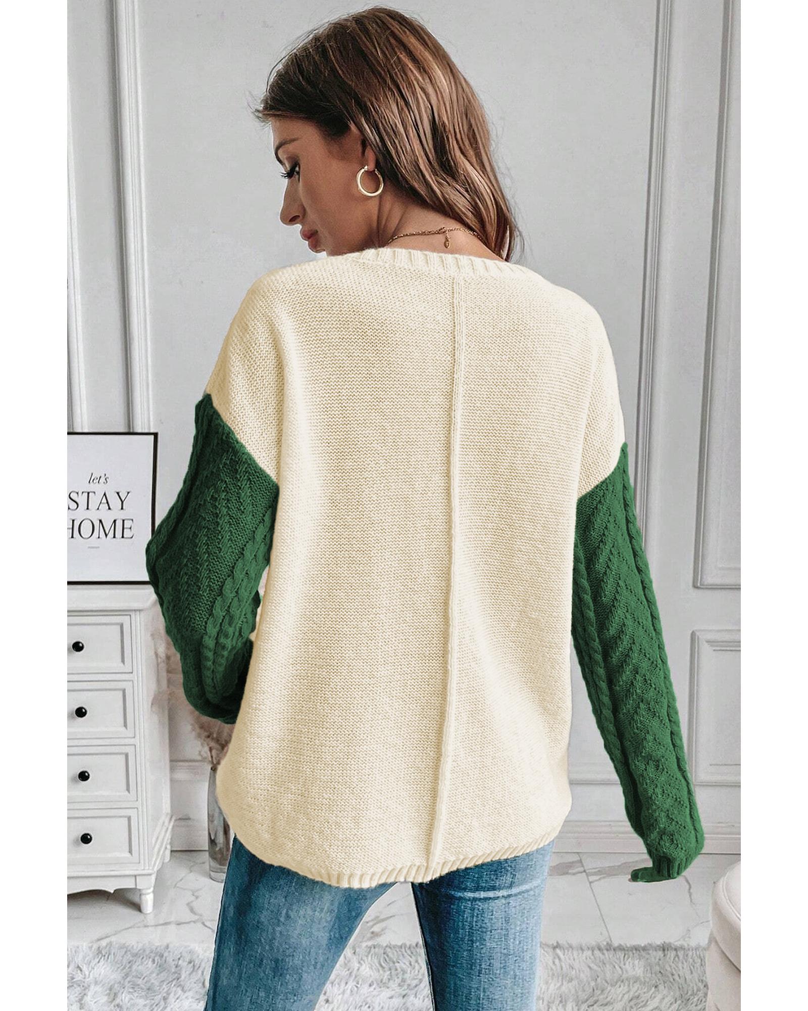 V539-AZEXPL2725069-P509-2X-202508310130-00 Mist Green Plus Size Cable Knit Color Block Drop Shoulder Sweater - 2X - Image 1