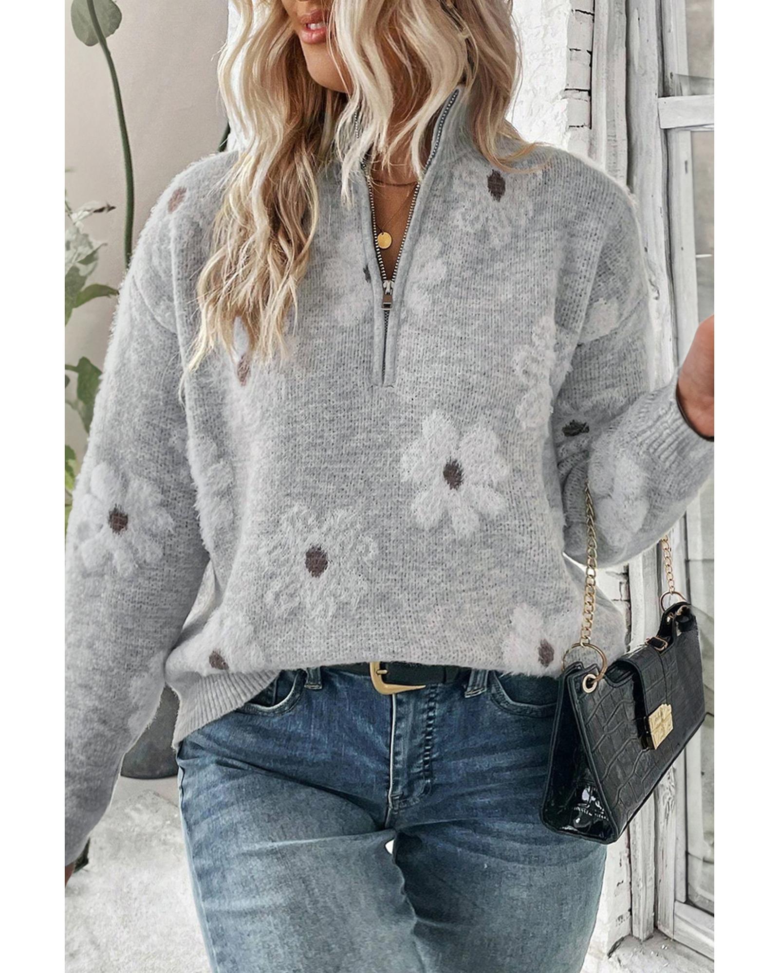V539-AZEXPL2725102-P1122-4X-202508310120-00 Gray Plus Size Embroidered Floral Pattern Half Zip Sweater - 4X - Image 1