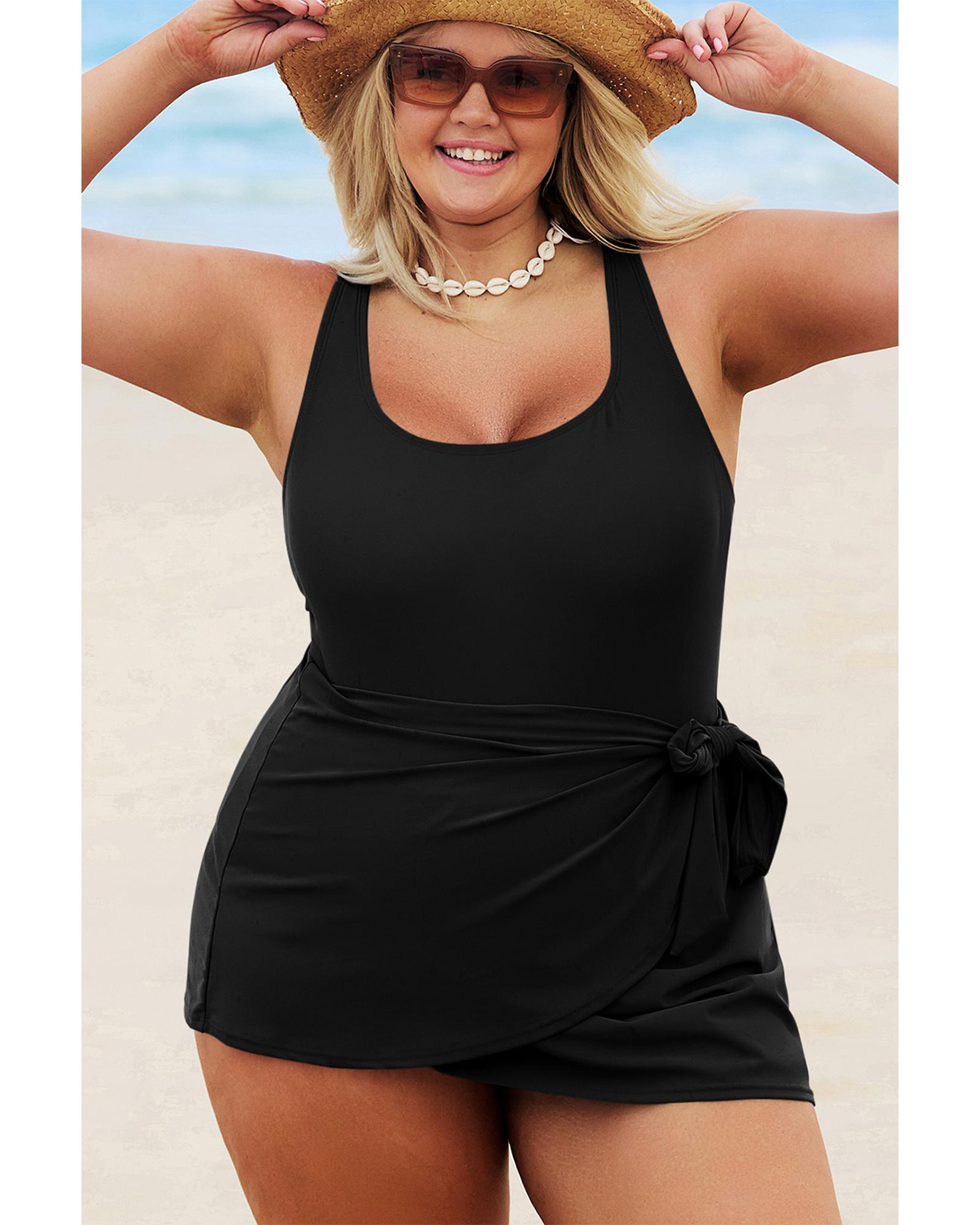 V539-AZEXPL41025-P2-2X-202508300905-00 Black Solid Color Square Neck Knotted Plus Size One Piece Swimsuit - 2X - Image 1