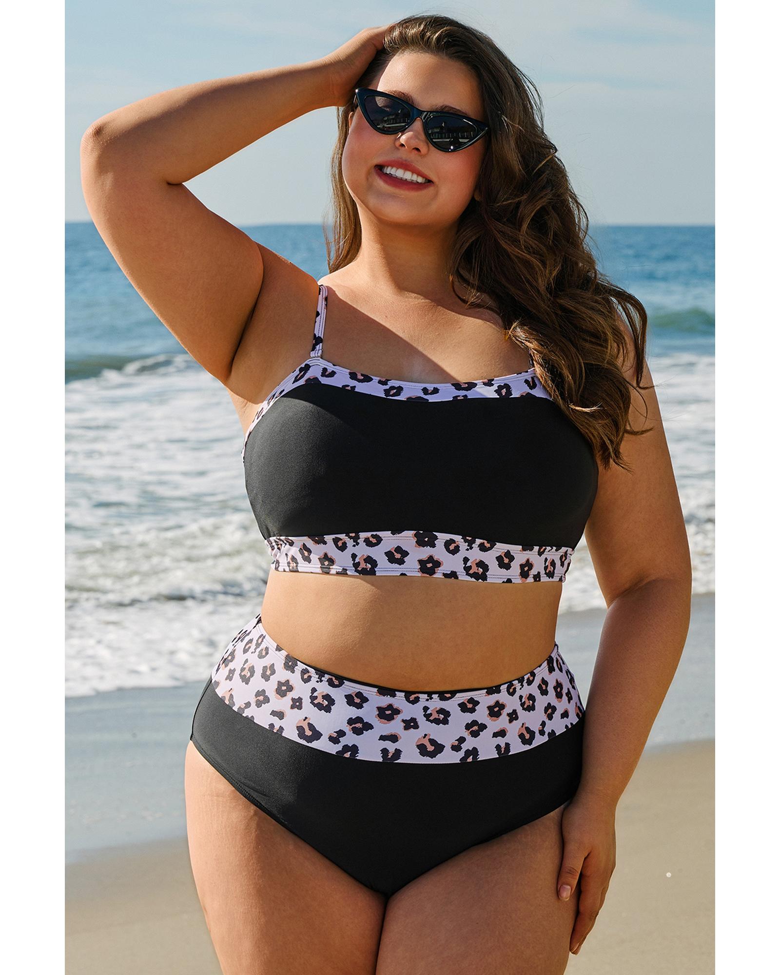 V539-AZEXPL43057-P2-2X-202508301325-00 Black 2pcs Leopard Patchwork Plus Size High Waisted Swimsuit - 2X - Image 1