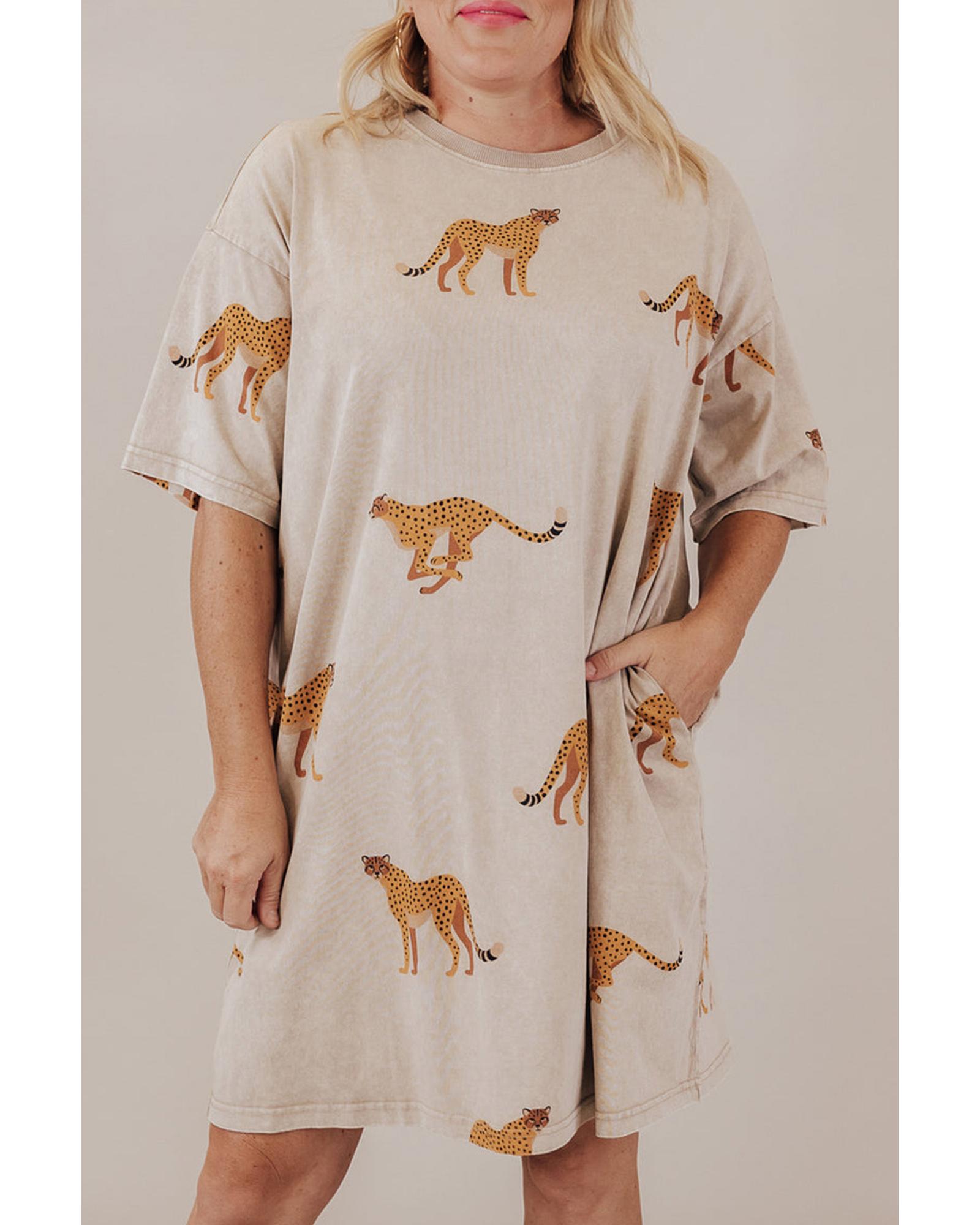 V539-AZEXPL611537-P1820-4X-202508301330-00 Apricot Plus Size Cheetah Print Side Pockets T Shirt Mini Dress - 4X - Image 1