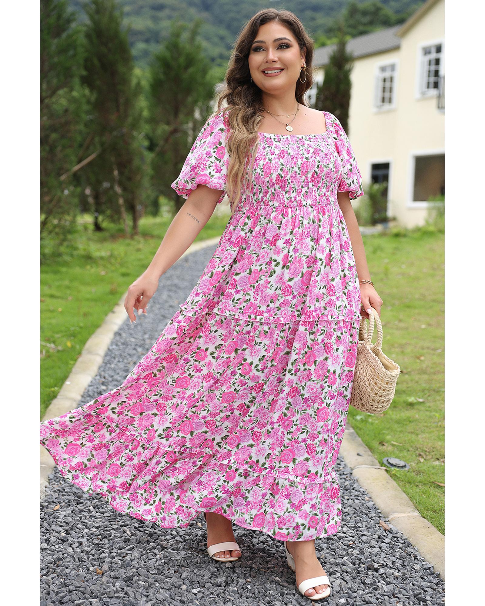 V539-AZEXPL611560-P1020-1X-202506151747-00 Pink Plus Size Floral Print Smocked Puff Sleeve Dress - 1X - Image 1