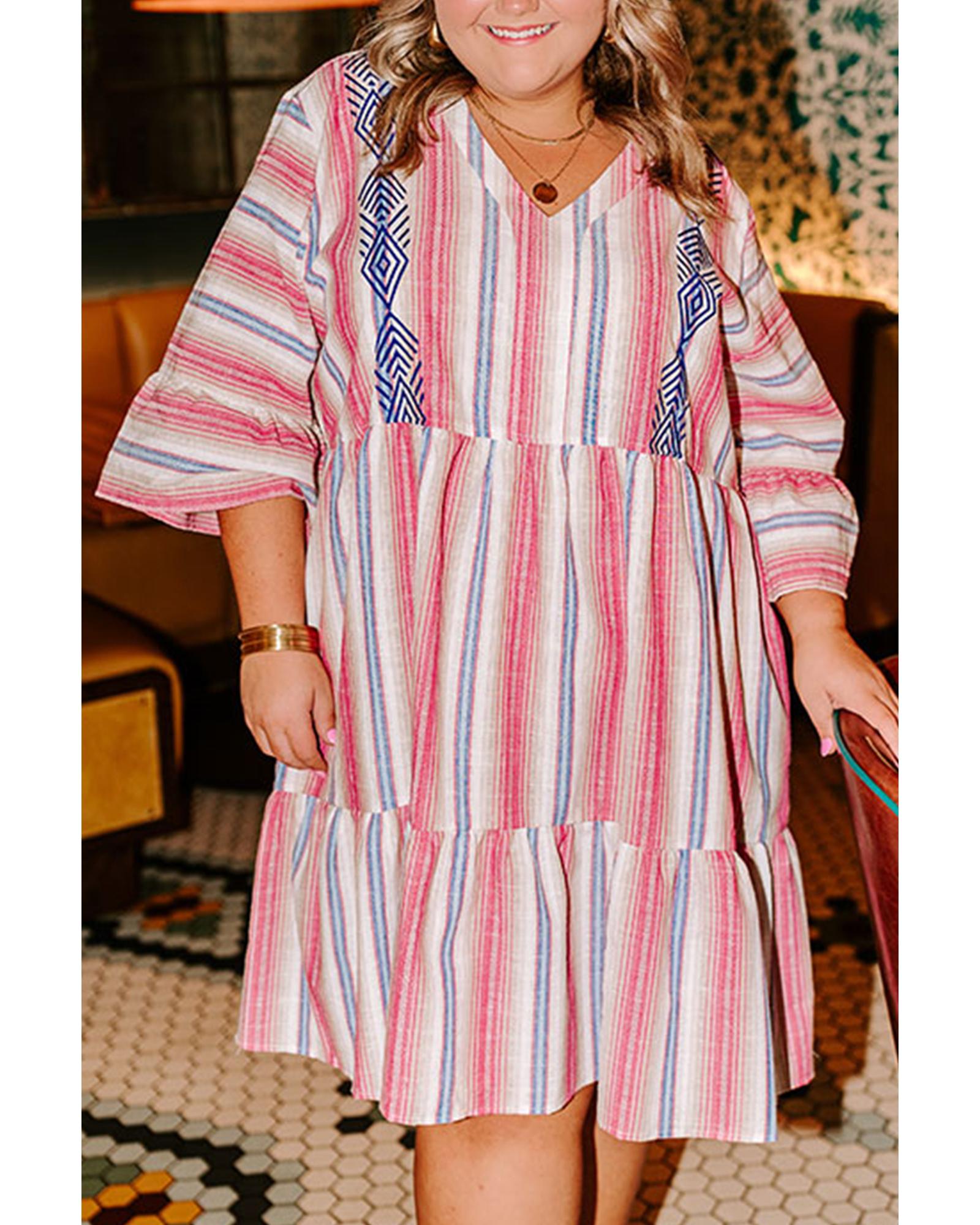 V539-AZEXPL611815-P119-1X-202506152137-00 White Stripe Plus Size Embroidered Detail Flared 3/4 Sleeve V Neck Dress - 1X - Image 1