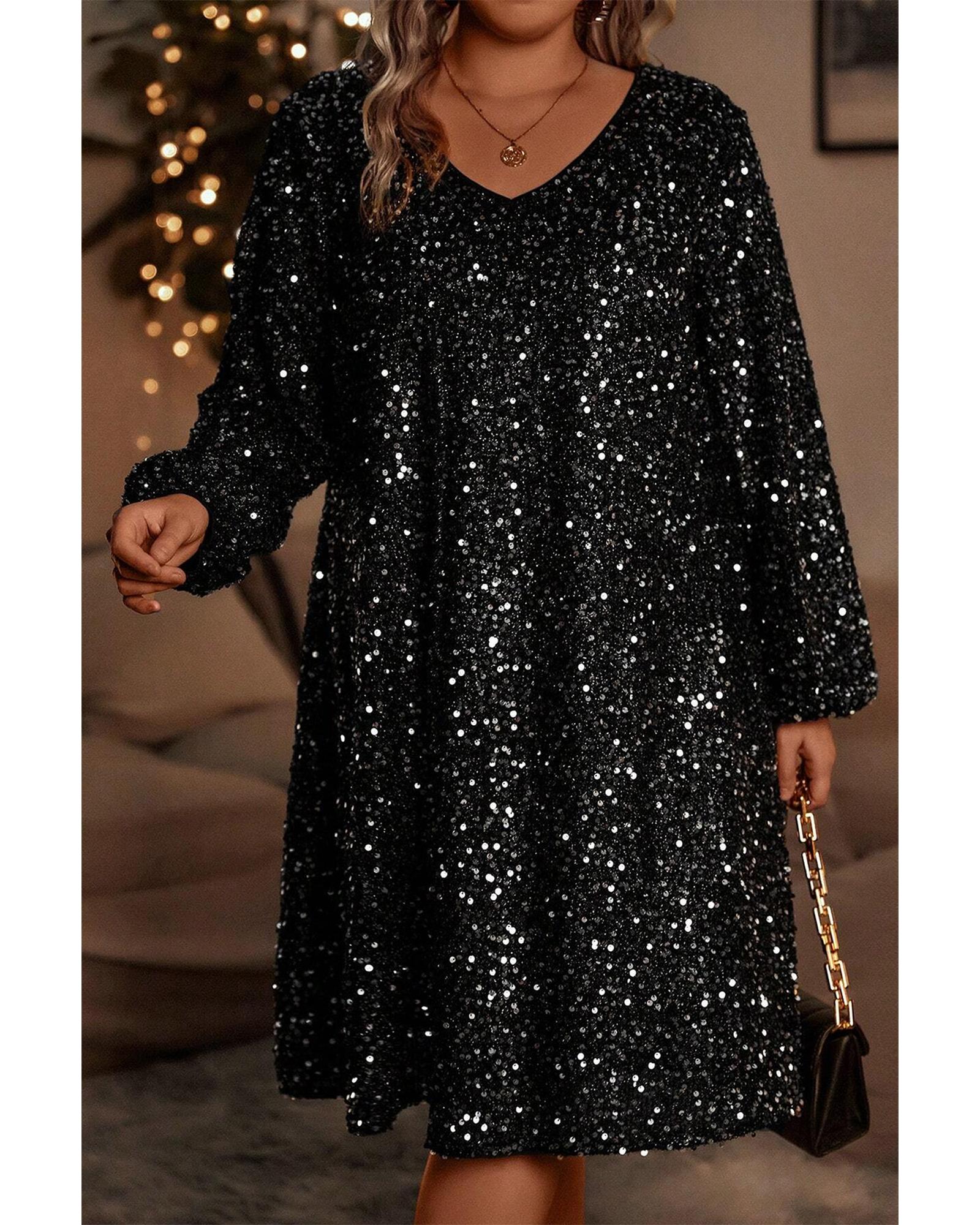 V539-AZEXPL611857-P202-4X-202508302225-00 Color black Plus Size Bubble Sleeve V Neck Sequin Dress - 4X - Image 1